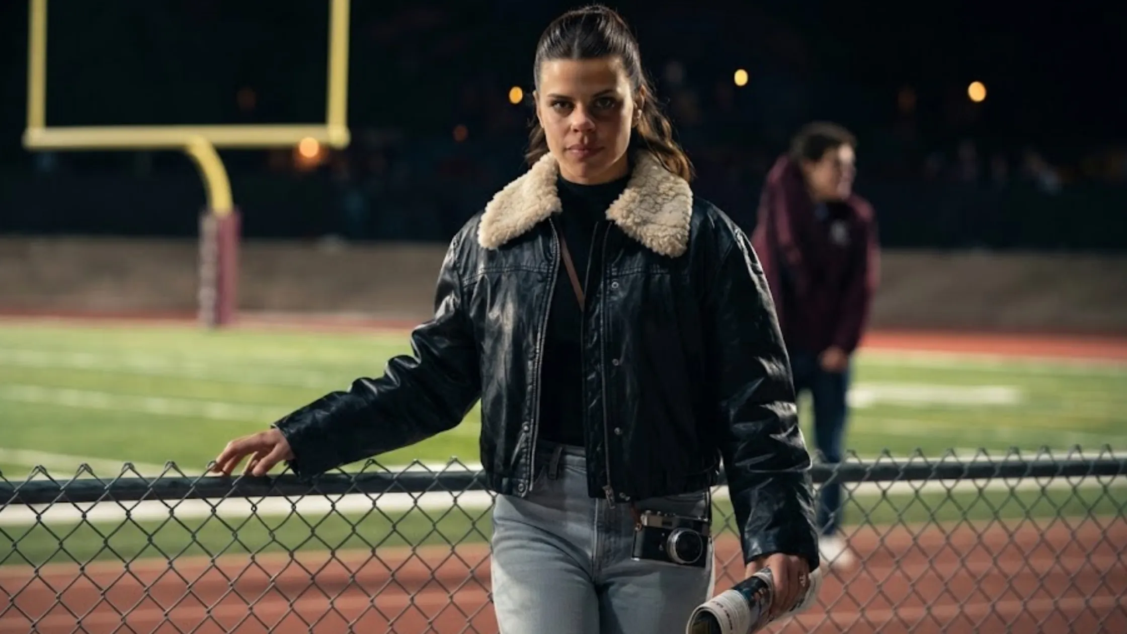 Ransom Canyon S02 Heidi Grace Engerman Black Leather Bomber Jacket with Faux Shearling Collar