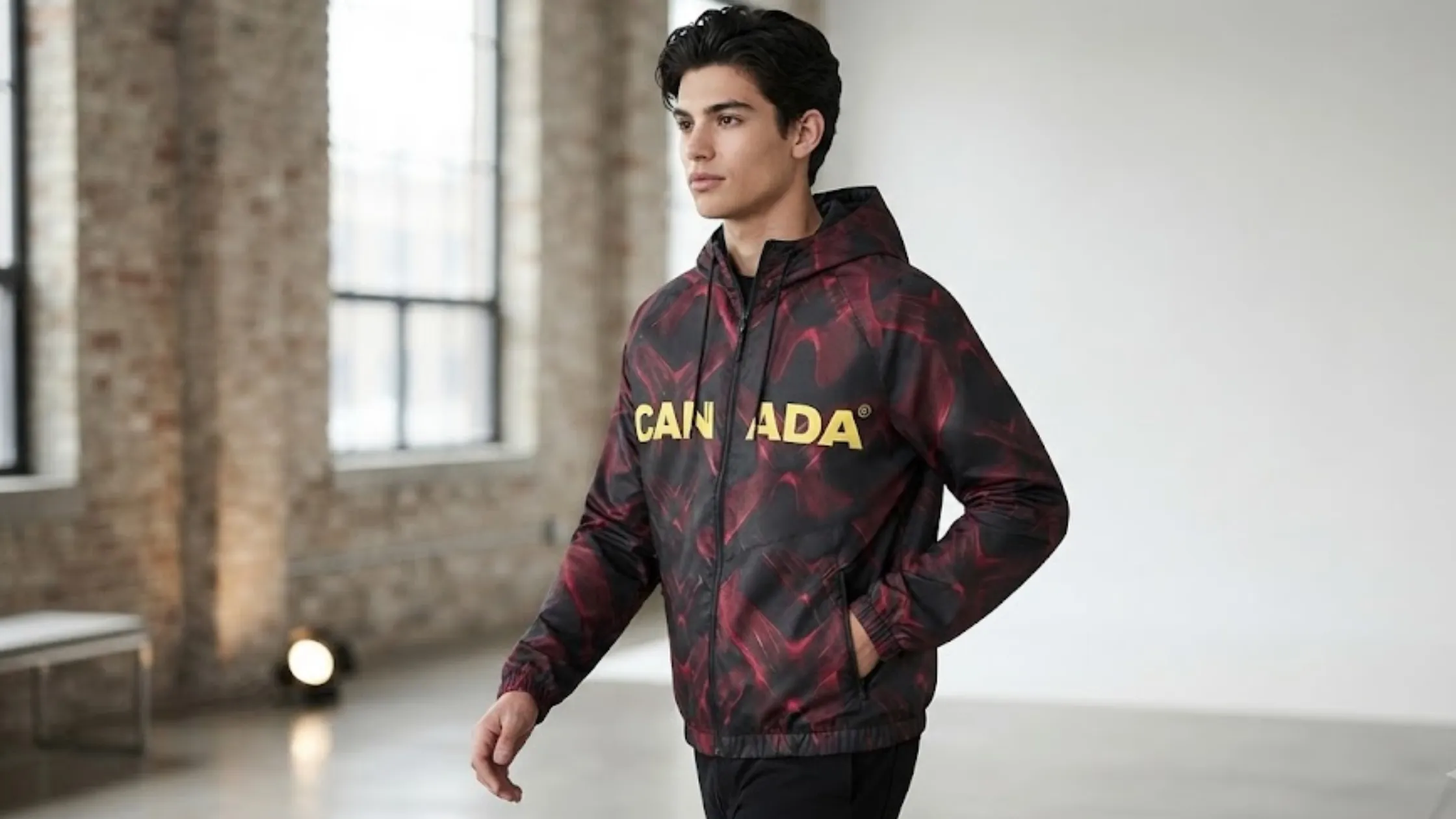 Canada x NOCTA Anthem Black Hooded Jacket with Red Wave Print