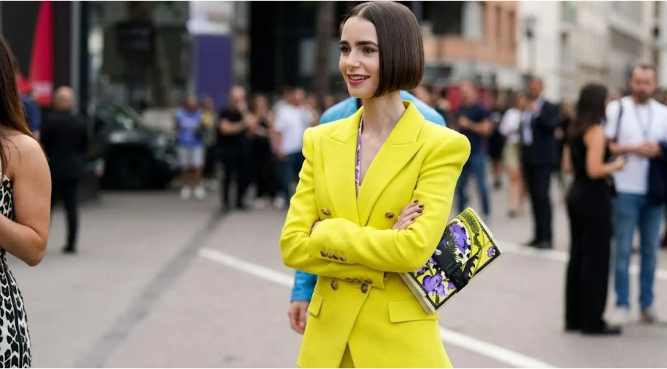 How to Style Lily Collins’ Bold Yellow Blazer for a Parisian Power Look
