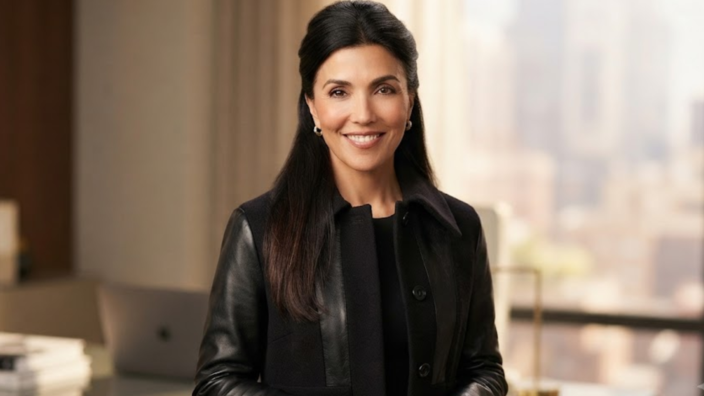 General Hospital 2026 Nazneen Contractor Black Shearling Coat with grid panel detailing and black leather finish