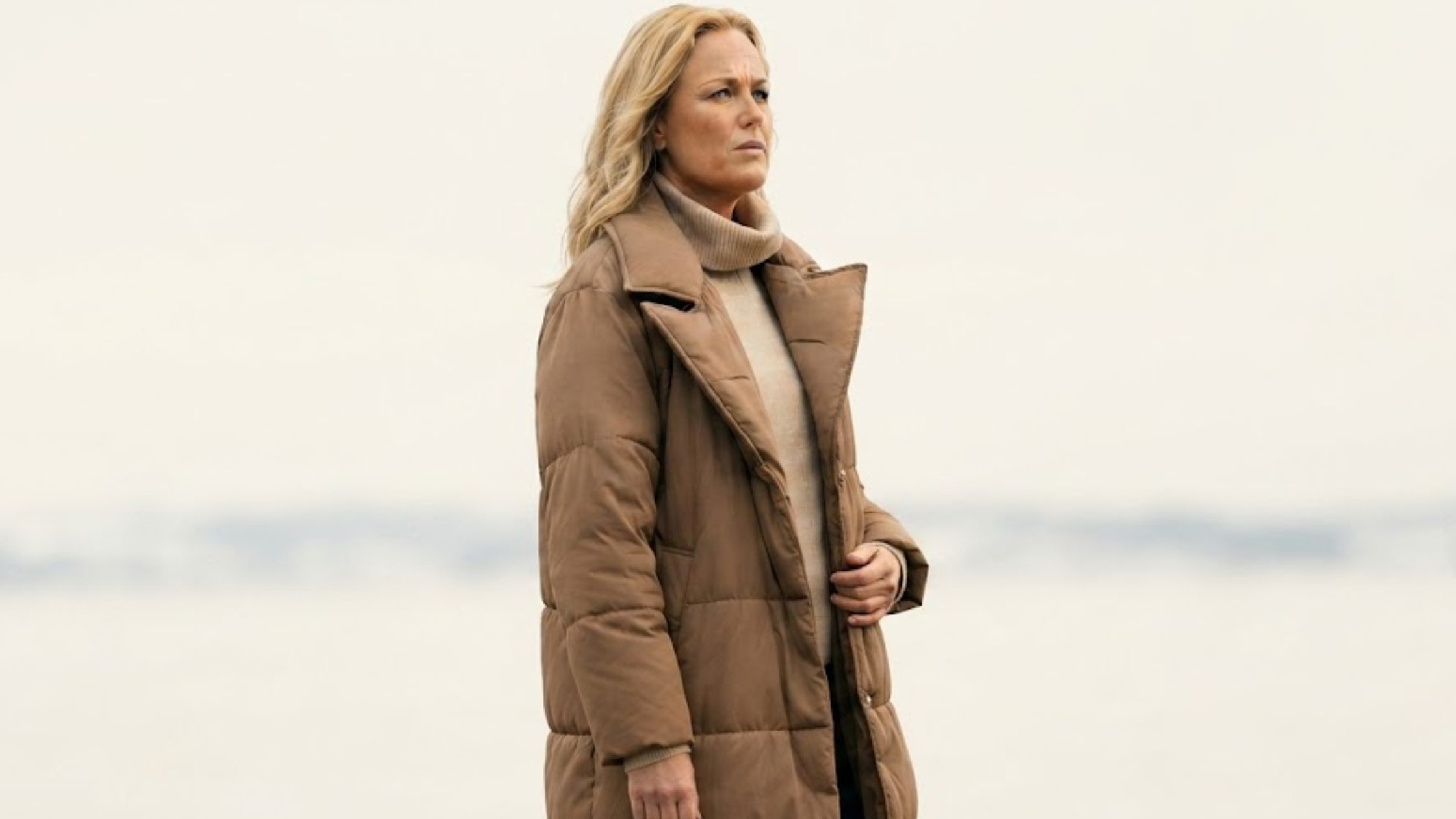 Let’s Love Malin Akerman Taupe Brown Oversized Quilted Maxi Puffer Wrap Coat with oversized collar