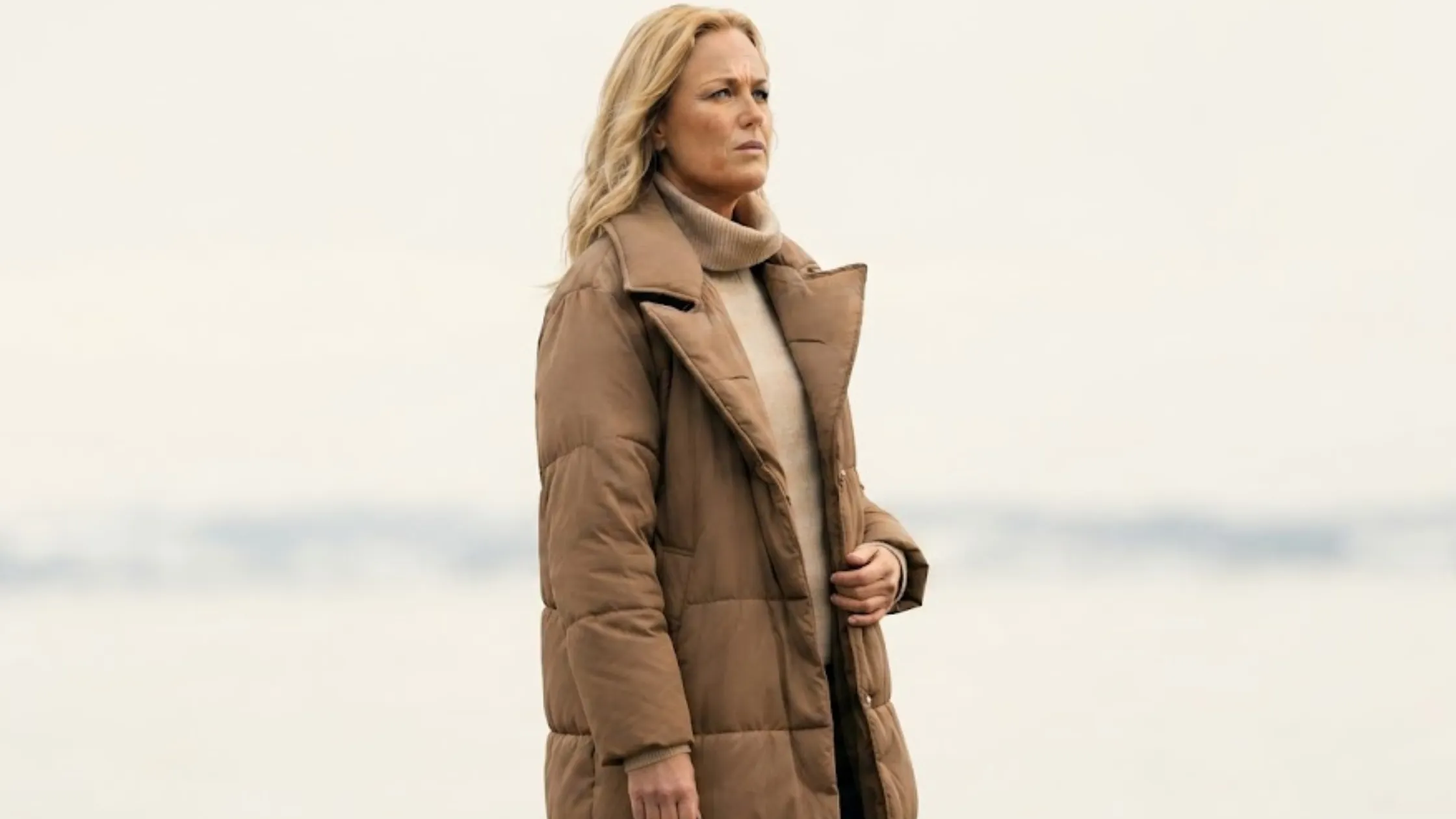 Let’s Love Malin Akerman Taupe Brown Oversized Quilted Maxi Puffer Wrap Coat with oversized collar