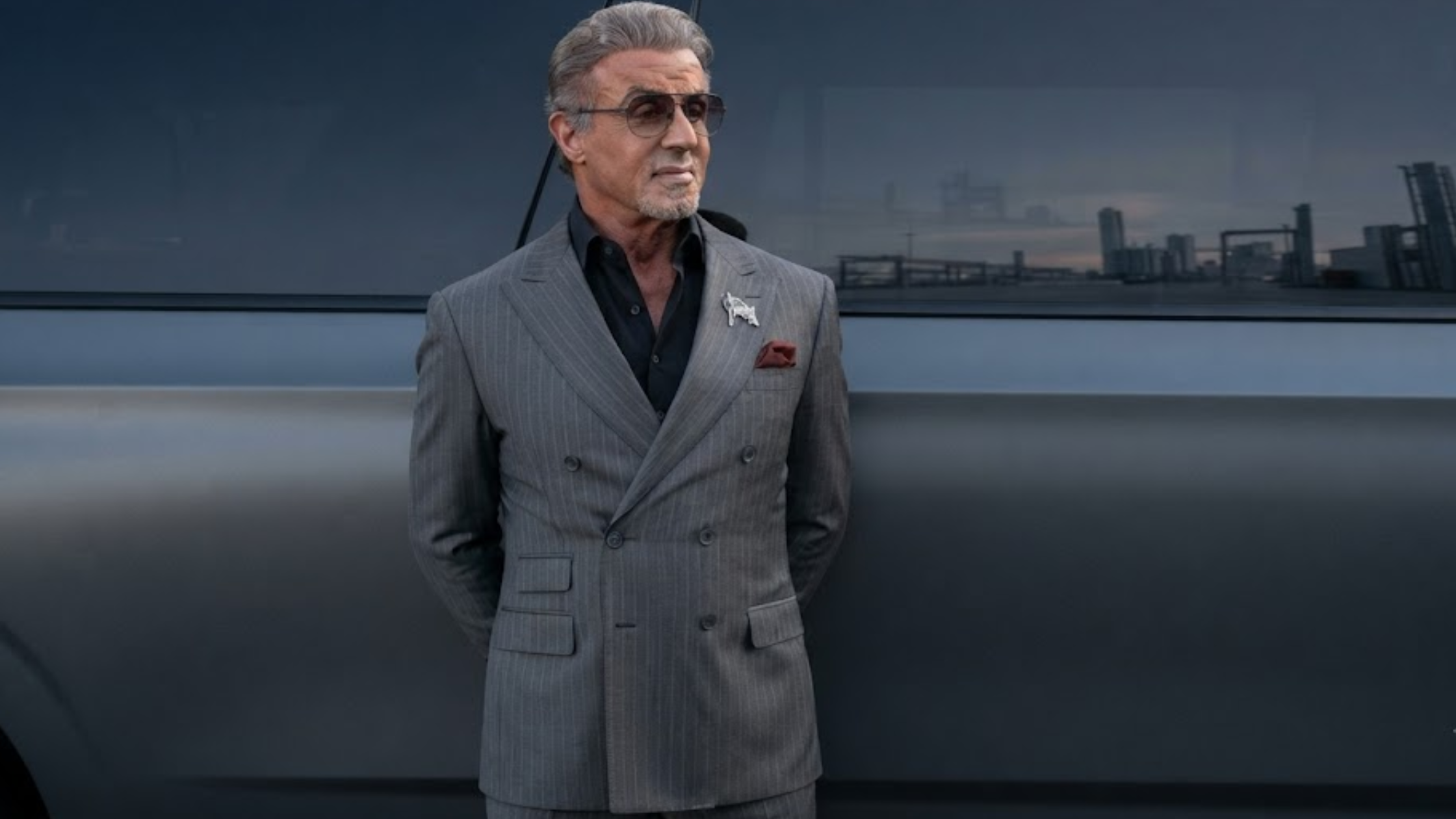 Tulsa King S03 Sylvester Stallone Grey Pinstripe Double-Breasted Suit with peak lapels