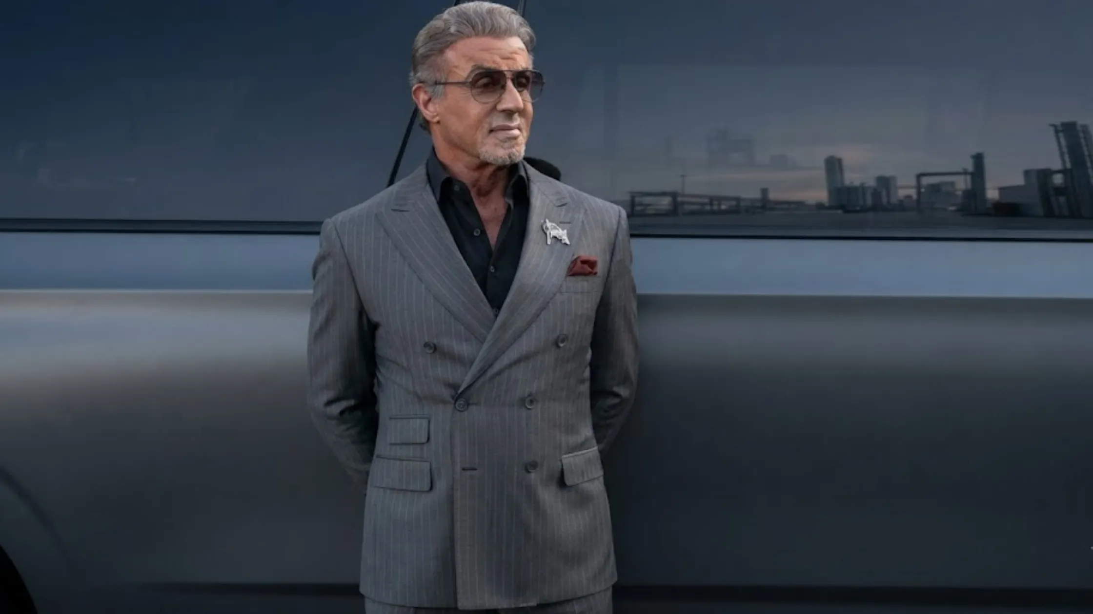 Tulsa King S03 Sylvester Stallone Grey Pinstripe Double-Breasted Suit with peak lapels