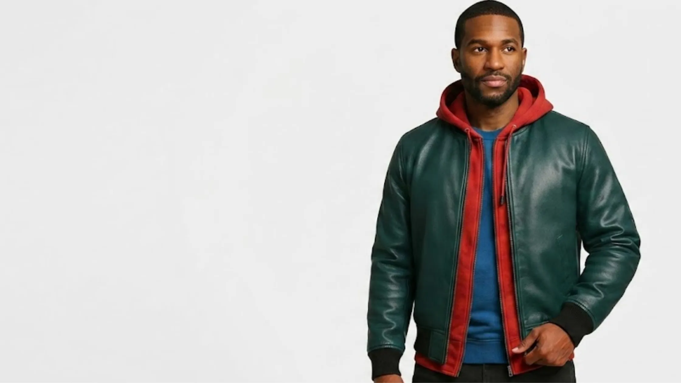 Miles Morales Spider-Man Into the Spider-Verse Dark Green Leather Bomber Jacket with red hood layer