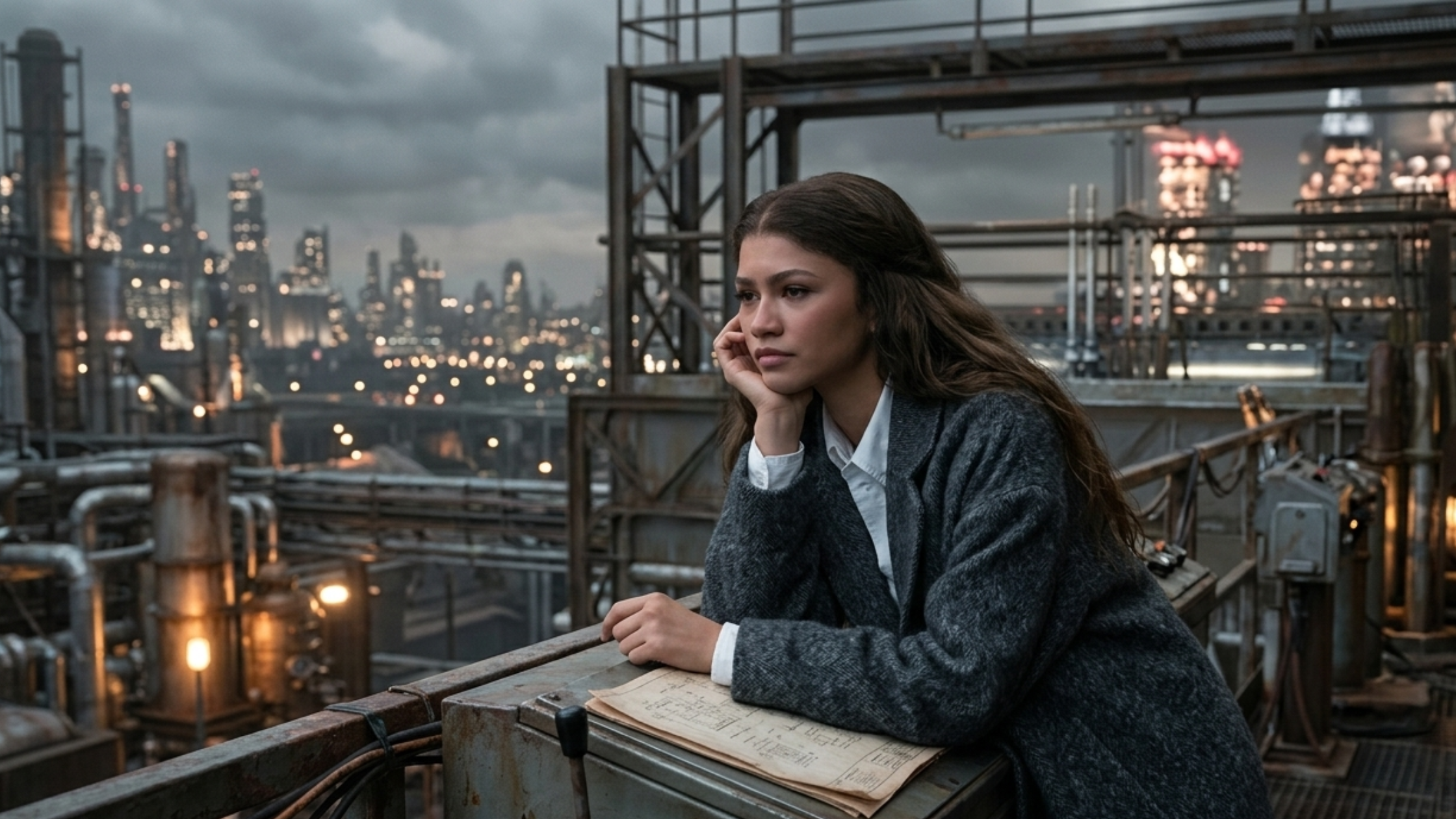 Spider-Man Brand New Day Zendaya charcoal grey oversized wool coat with wide notched lapels