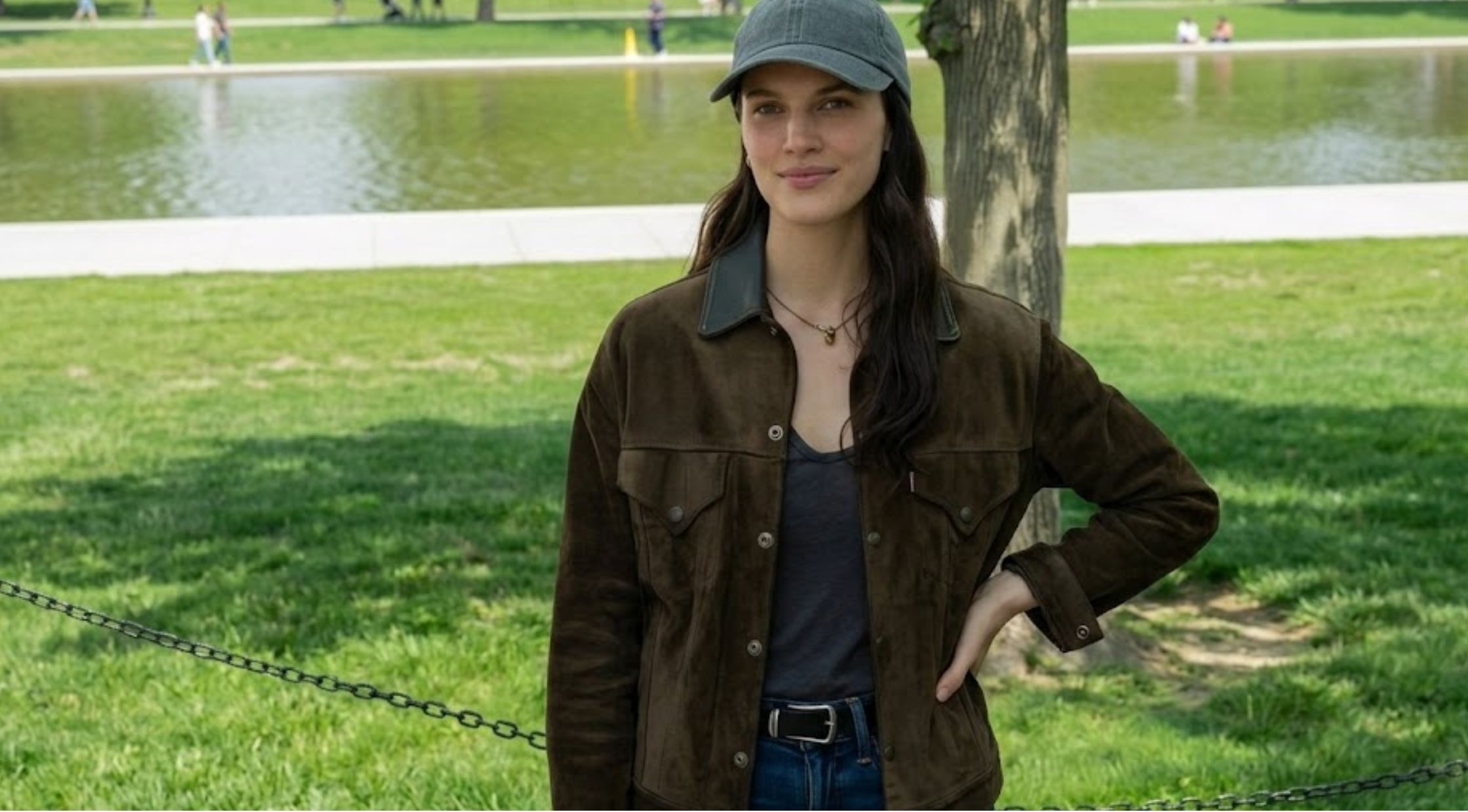 Get the Silo S03 Jessica Brown Findlay Brown Suede Leather Jacket Style with Timeless Workwear Fashion