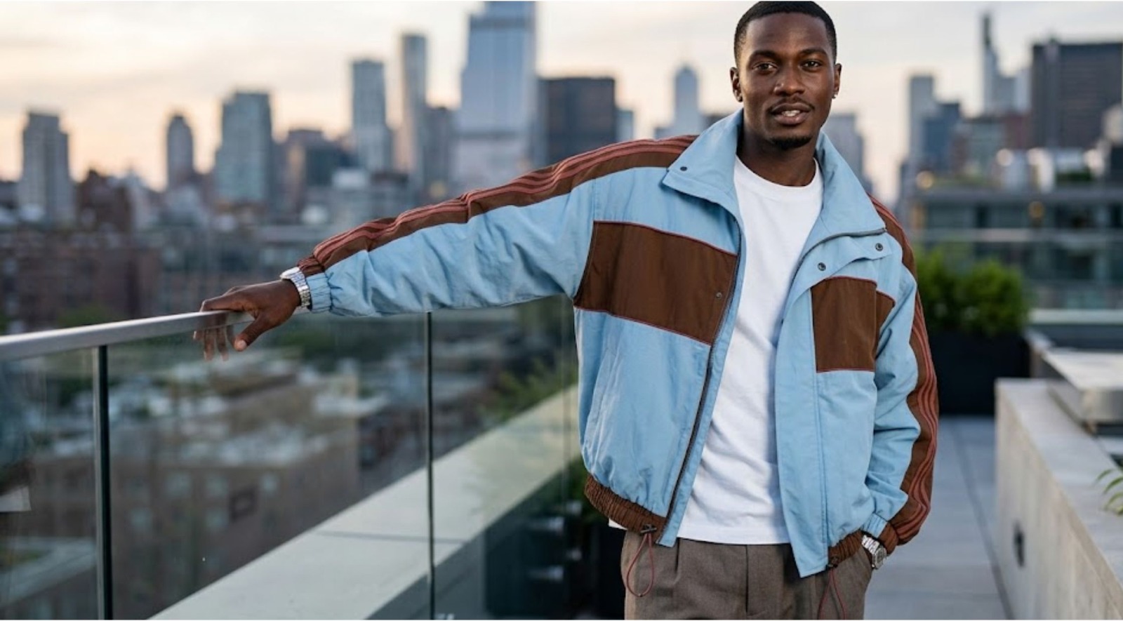 Oversized Light Blue and Brown Track Jacket with Colorblock Panels
