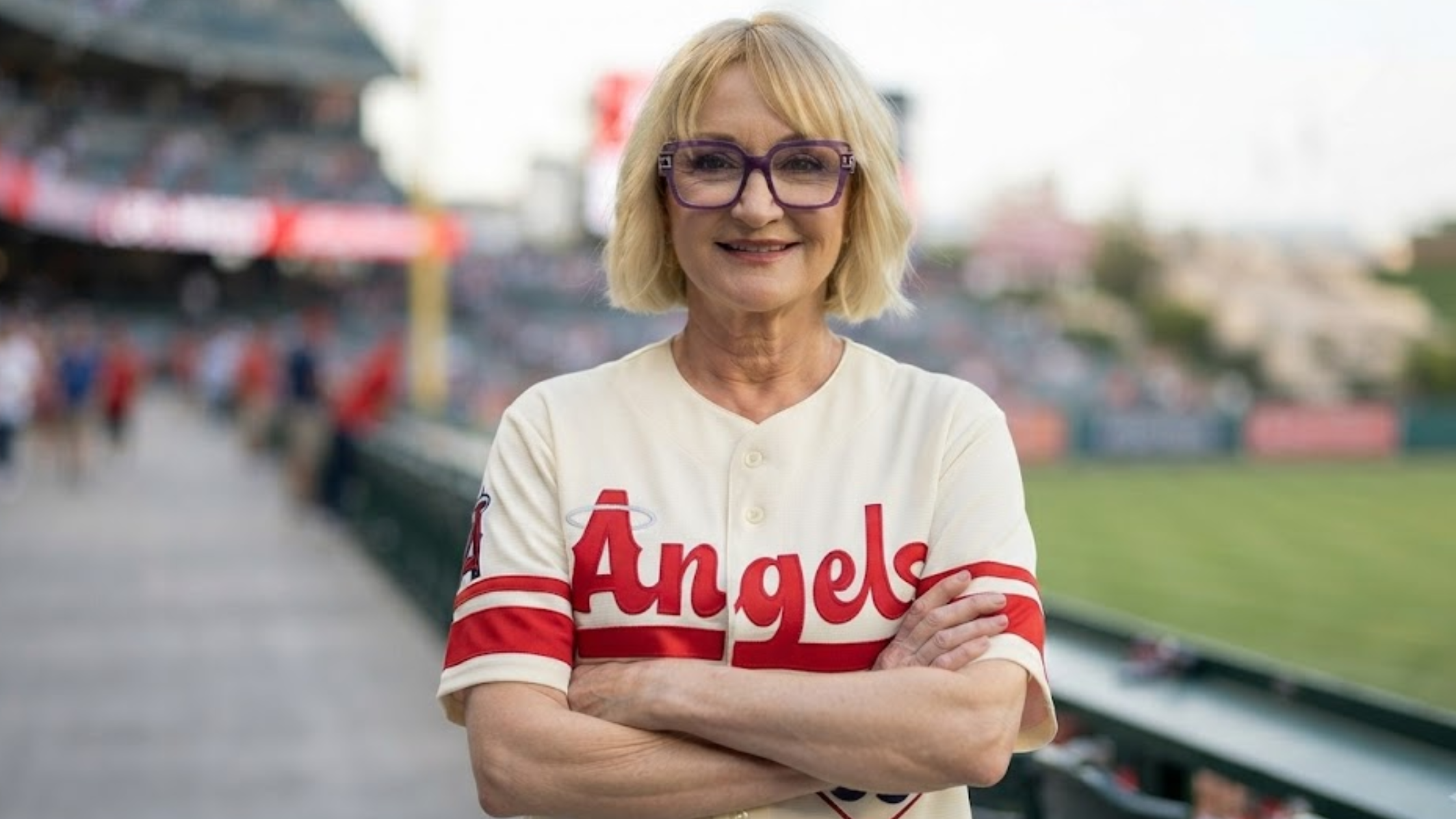 Carolyn Lawrence Milwaukee Brewers vs Los Angeles Angels Cream Baseball Jersey with script logo and team patch