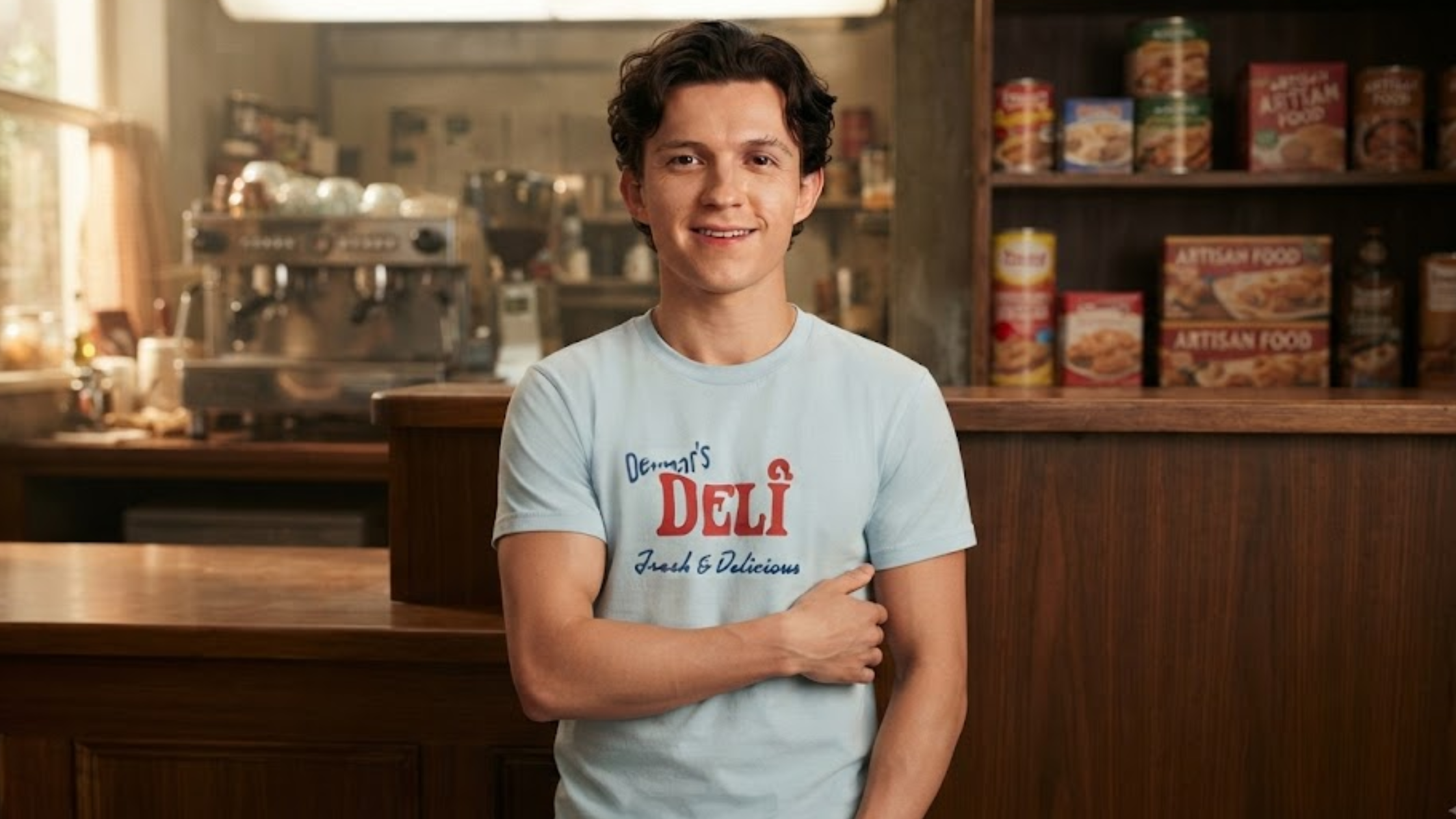 Spider-Man Brand New Day Peter Parker Delmar’s Deli White Graphic T-Shirt with red and blue print