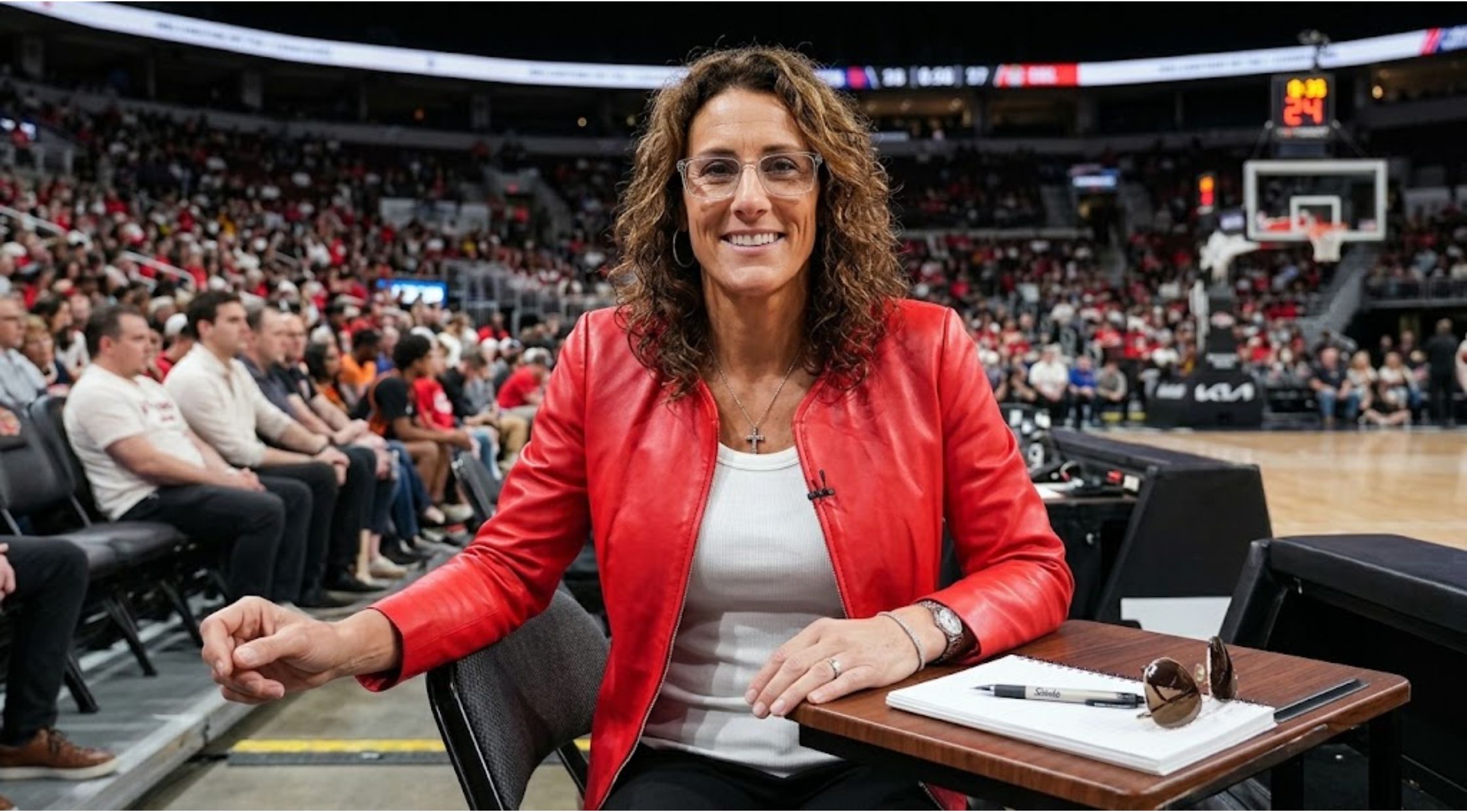 Why Stephanie White’s Red Collarless Leather Jacket in Liberty vs. Fever is a WNBA Sideline Style Grail