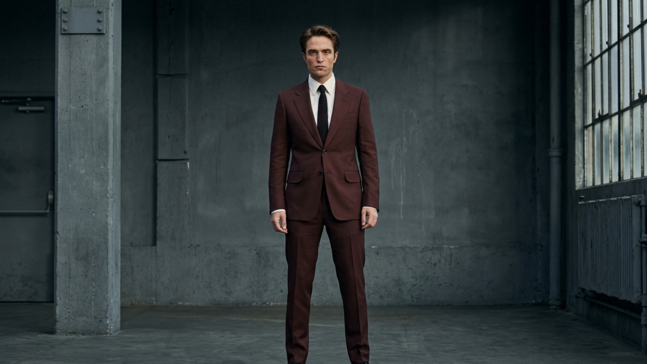 Robert Pattinson Here Comes The Flood brown burgundy single-breasted blazer