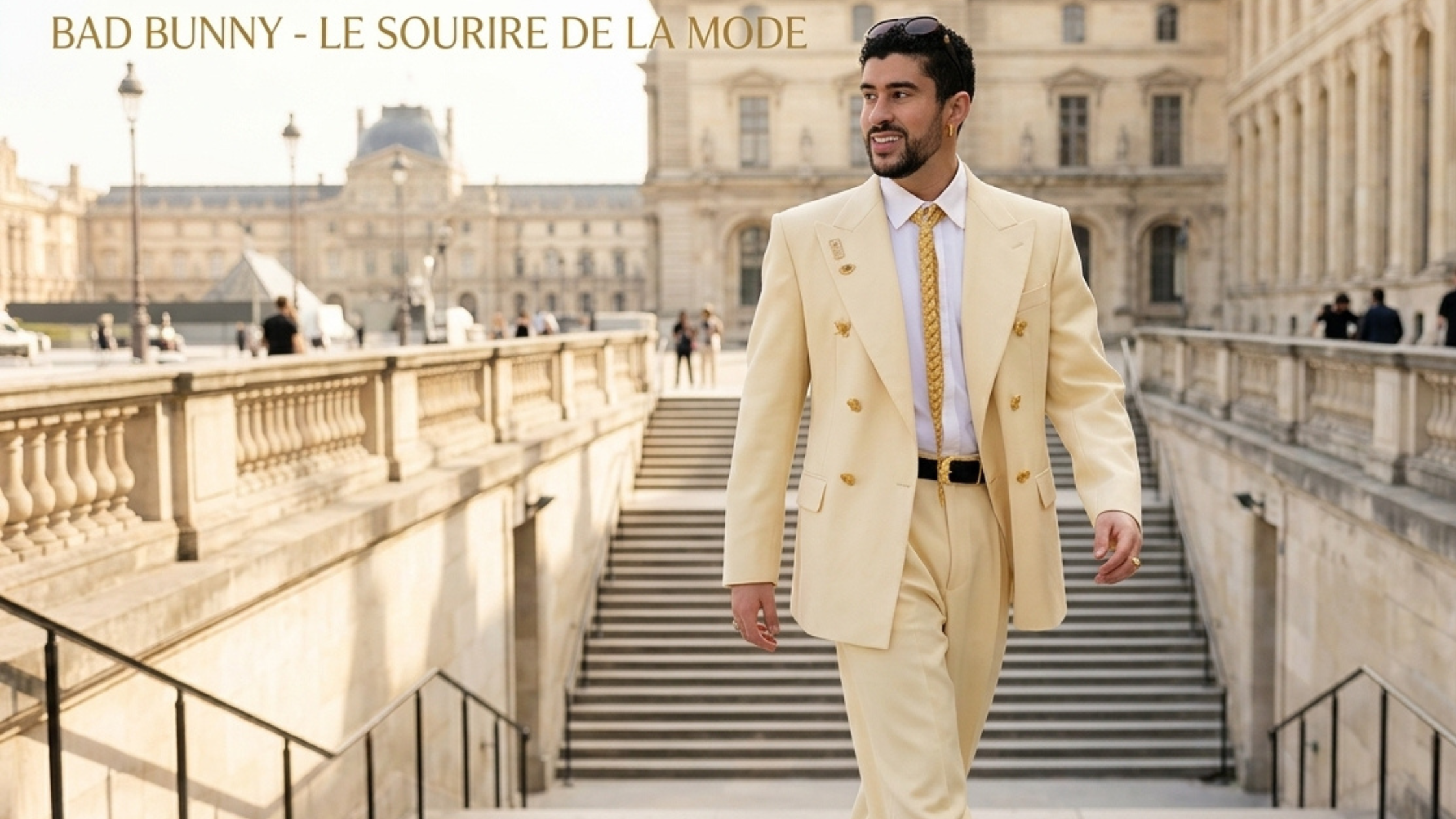 Bad Bunny Paris Fashion Week 2026 2027 yellow suit with peak lapel blazer