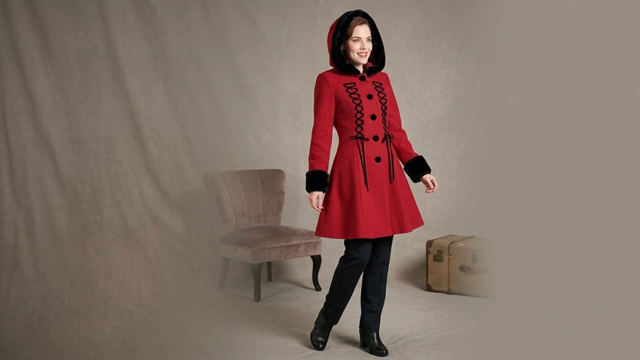 Amaya Hell Bunny black faux fur hood red gothic princess cut swing coat