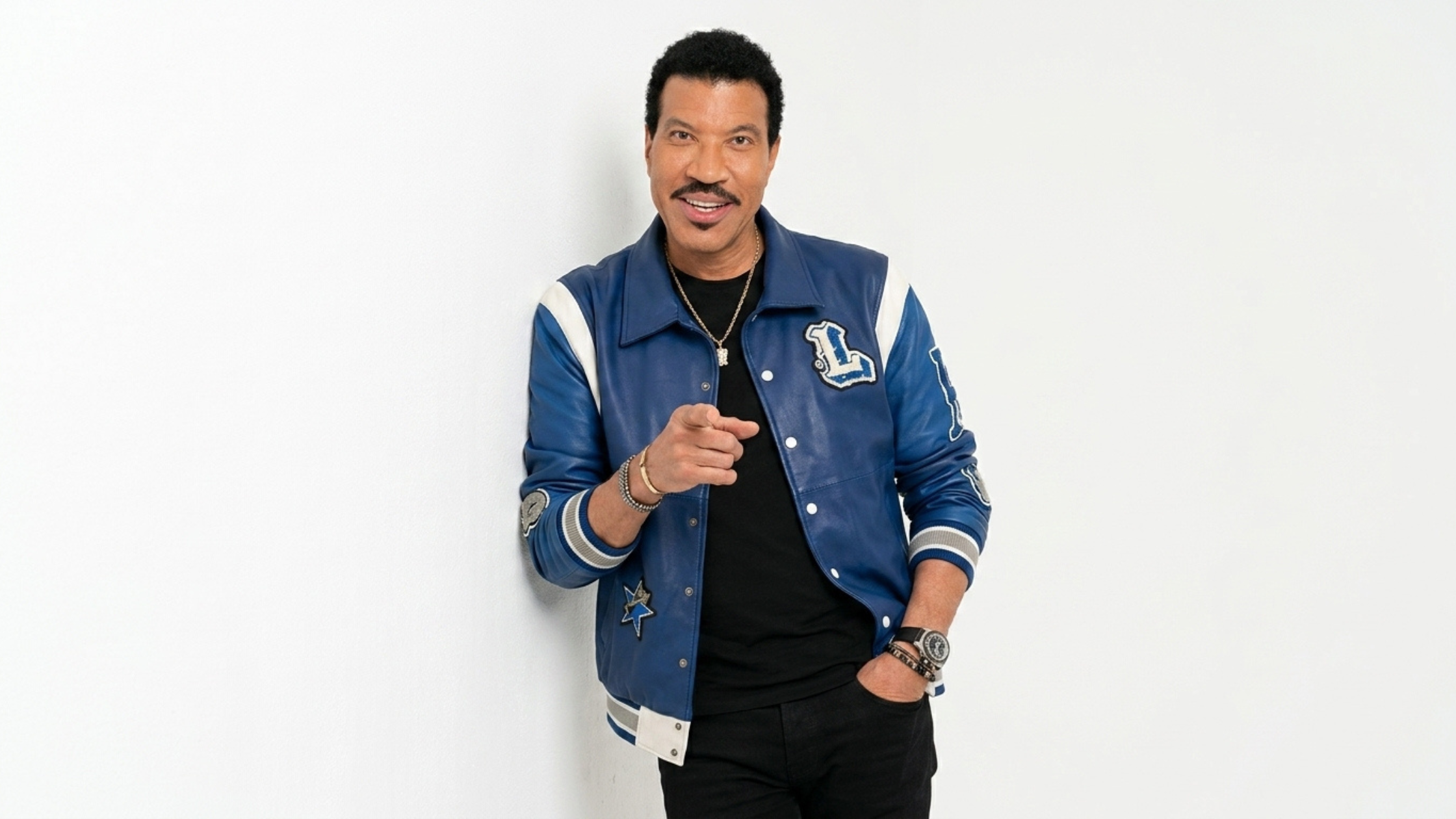 American Idol S24 Lionel Richie blue leather varsity jacket with white shoulder panels