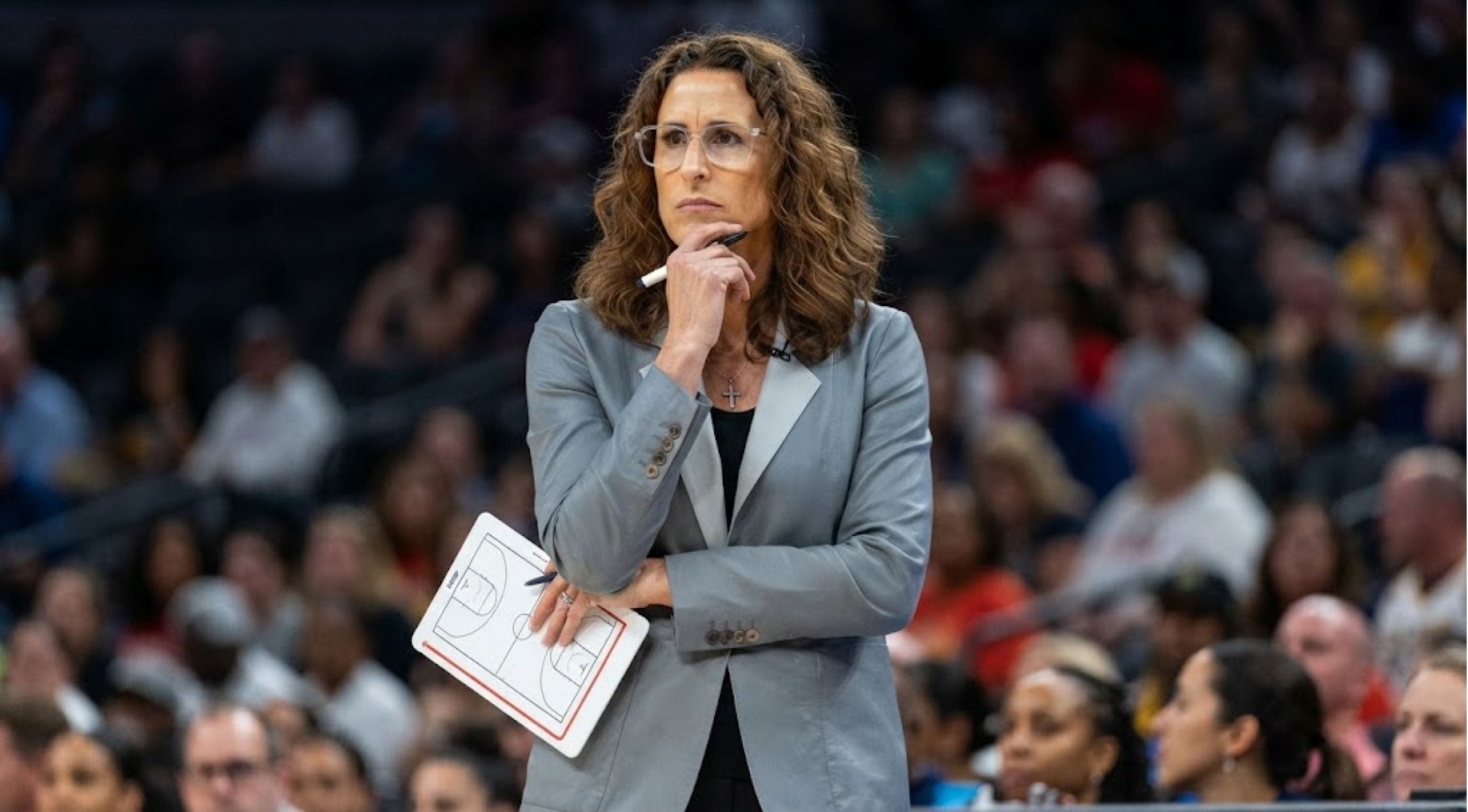 Why Stephanie White’s Grey Two-Tone Leather Blazer in Indiana Fever vs Chicago Sky is a Sideline Fashion Grail