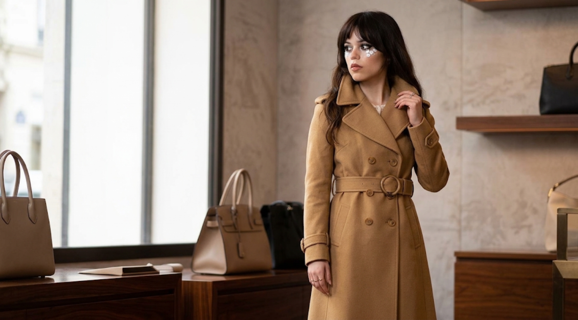 Sophie Thatcher Her Private Hell brown double-breasted trench coat with waist belt