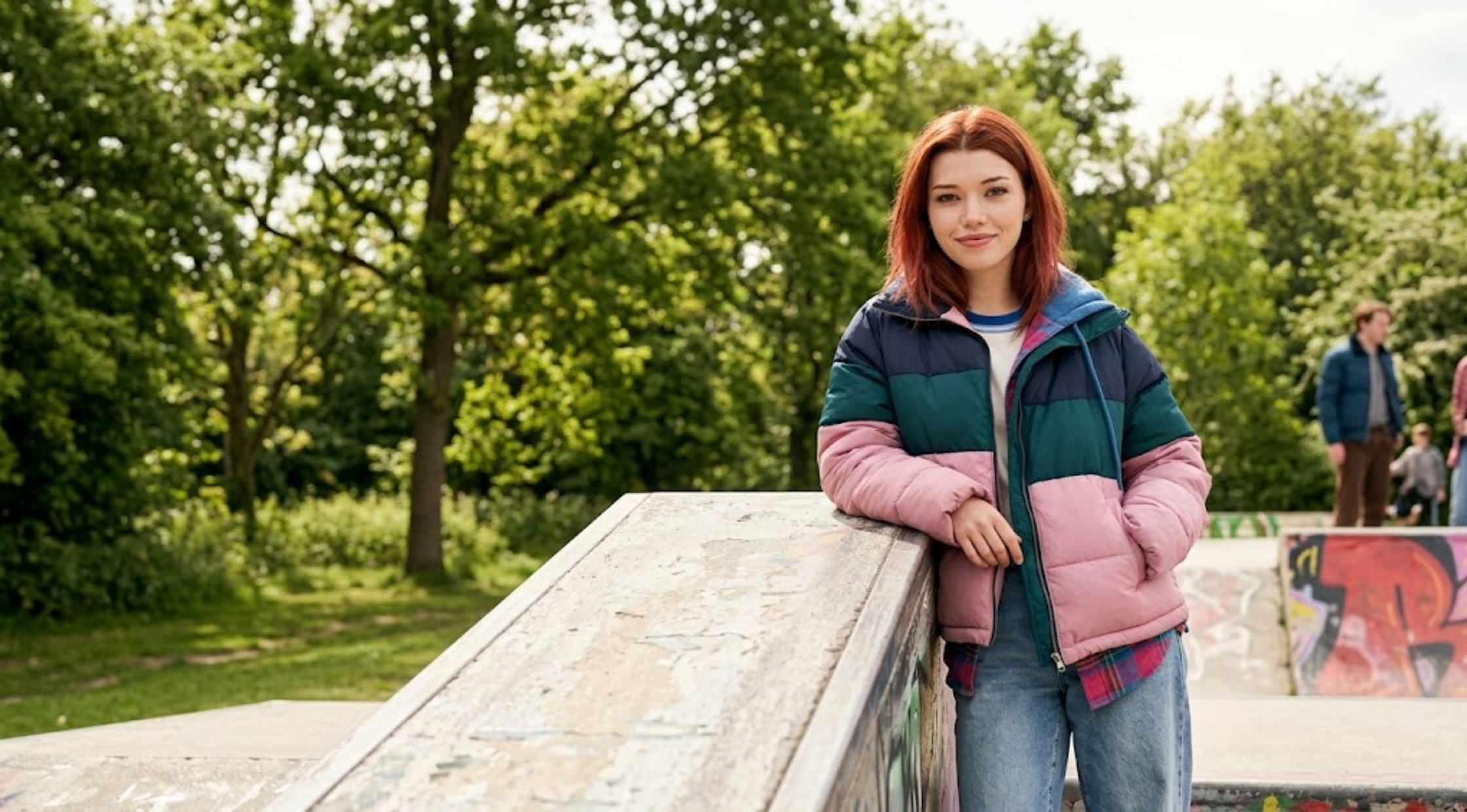 Ginny and Georgia Abby Littman pink green navy colorblock puffer jacket