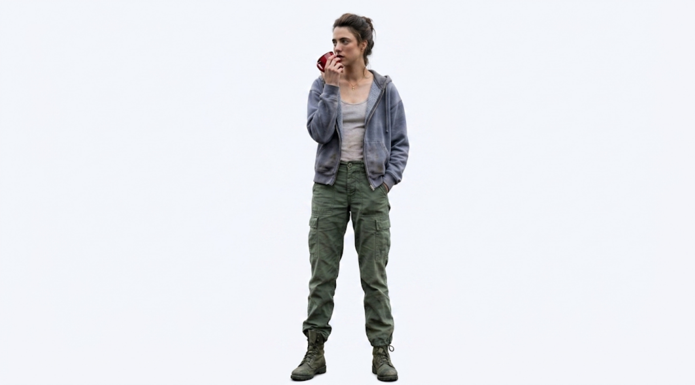 Margaret Qualley The Dog Stars 2026 faded blue oversized full zip hoodie