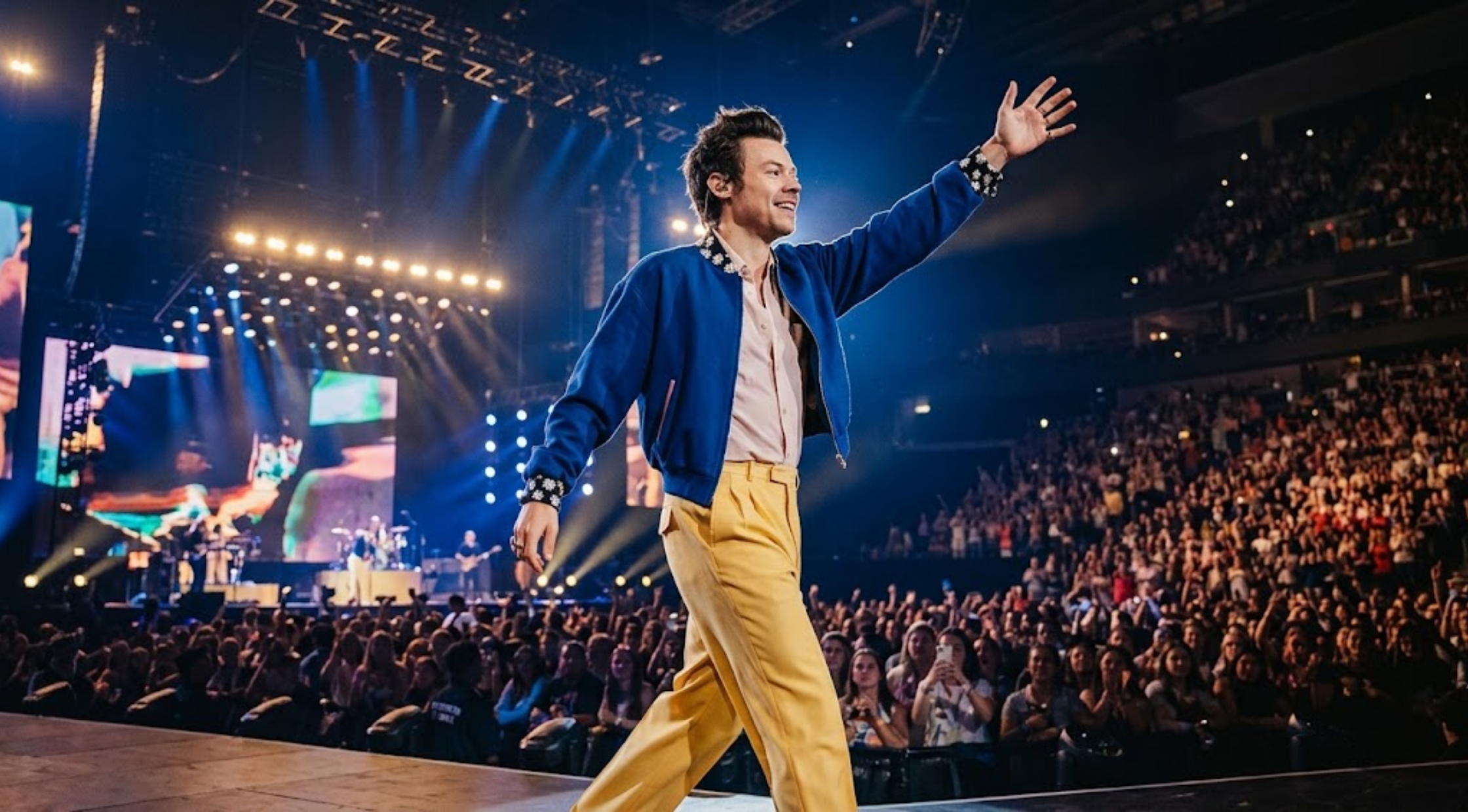 Harry Styles One Night in Manchester cobalt blue crewneck sweatshirt with floral details