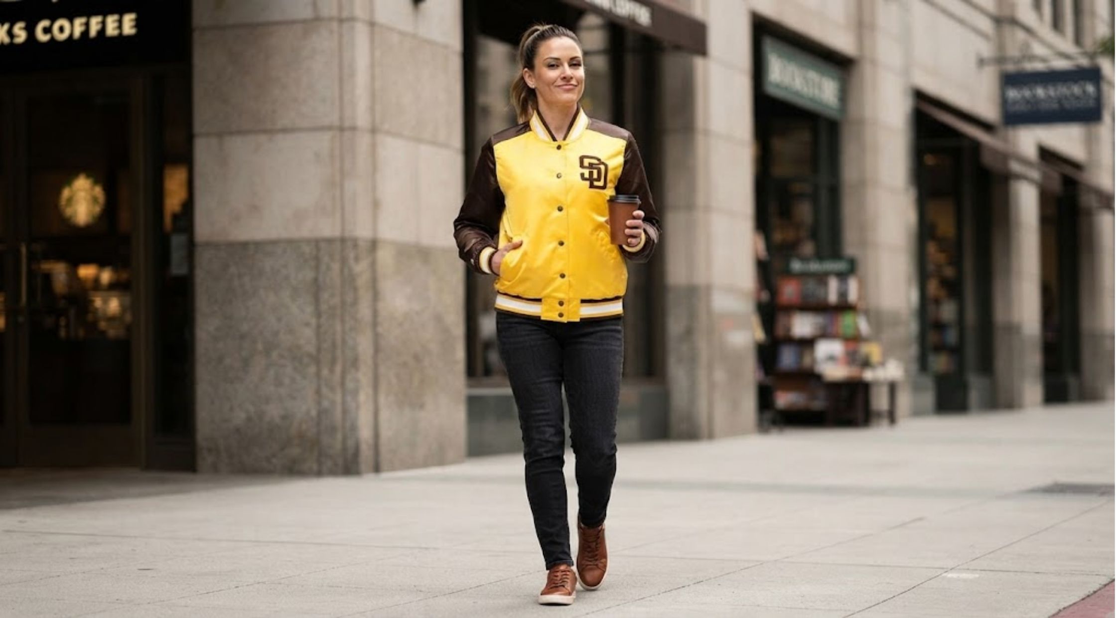 How to Style the San Diego Padres Women’s The Legend YellowBrown Satin Varsity Jacket