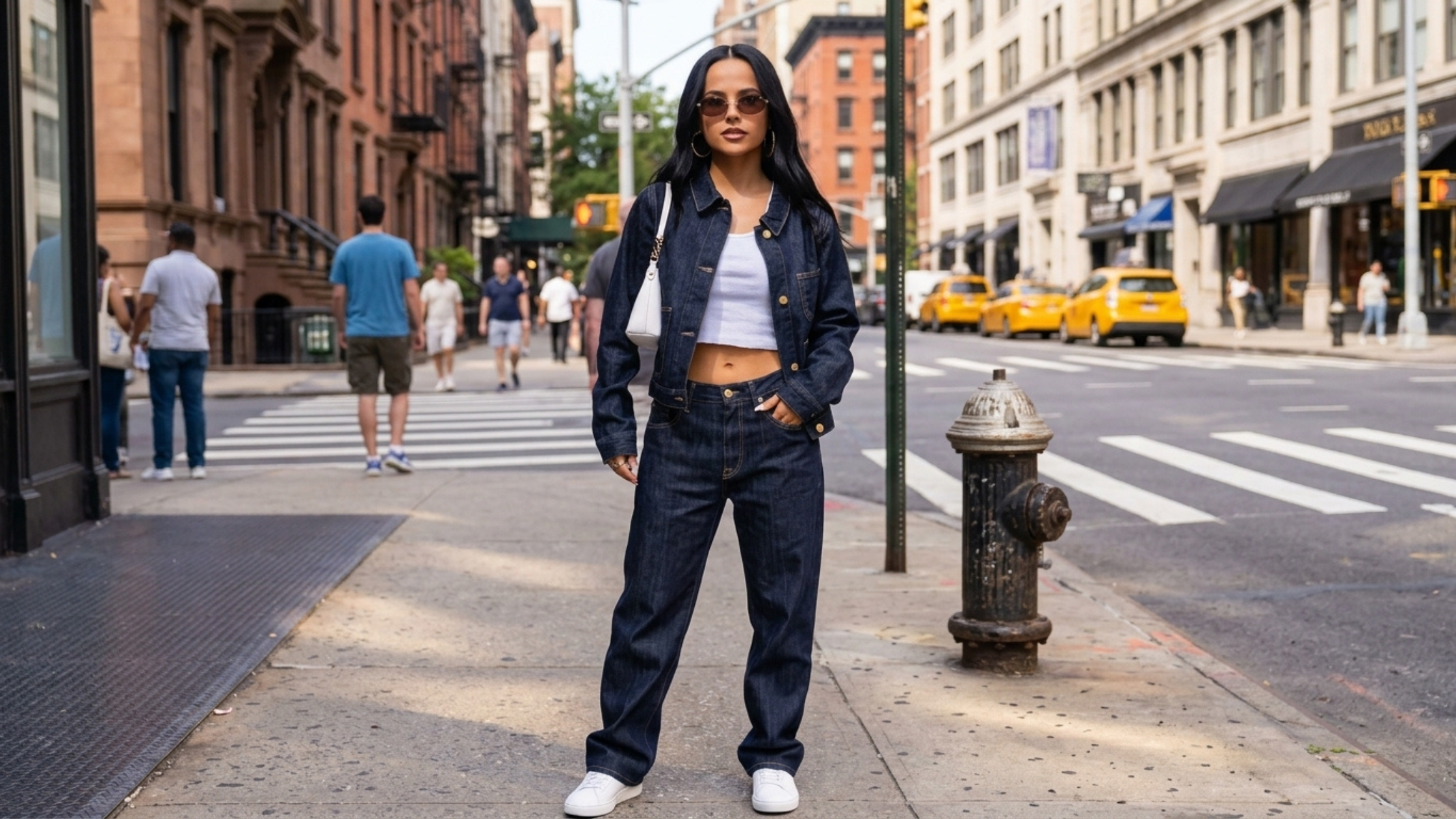 Becky G NYC 2026 dark indigo denim jacket with gold buttons