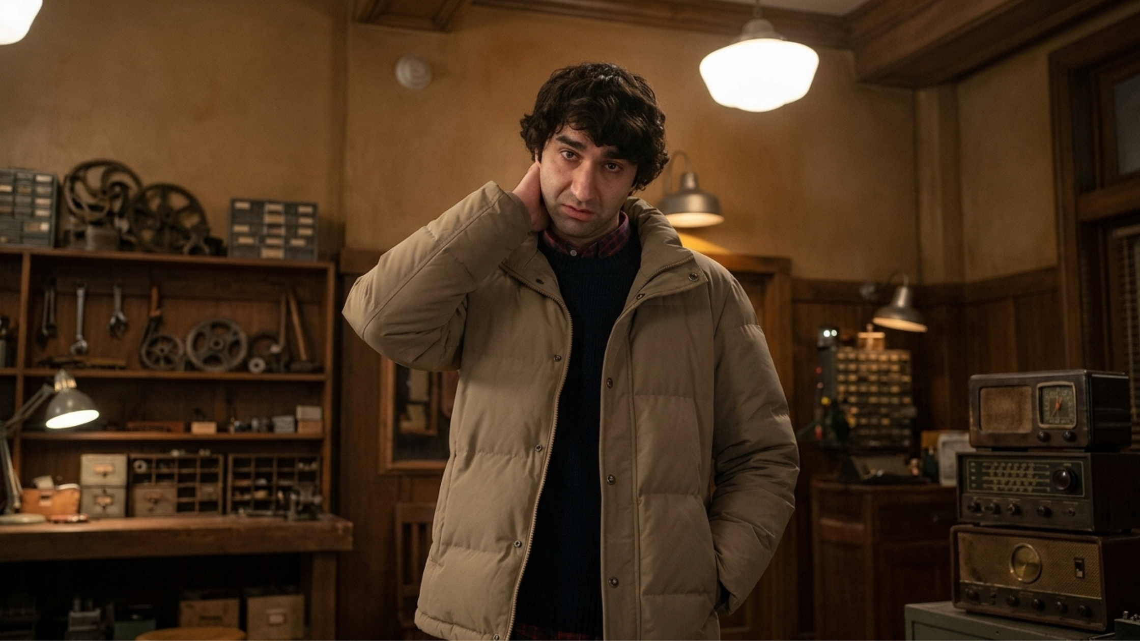 Jumanji Open World 2026 Alex Wolff Beige Puffer Jacket