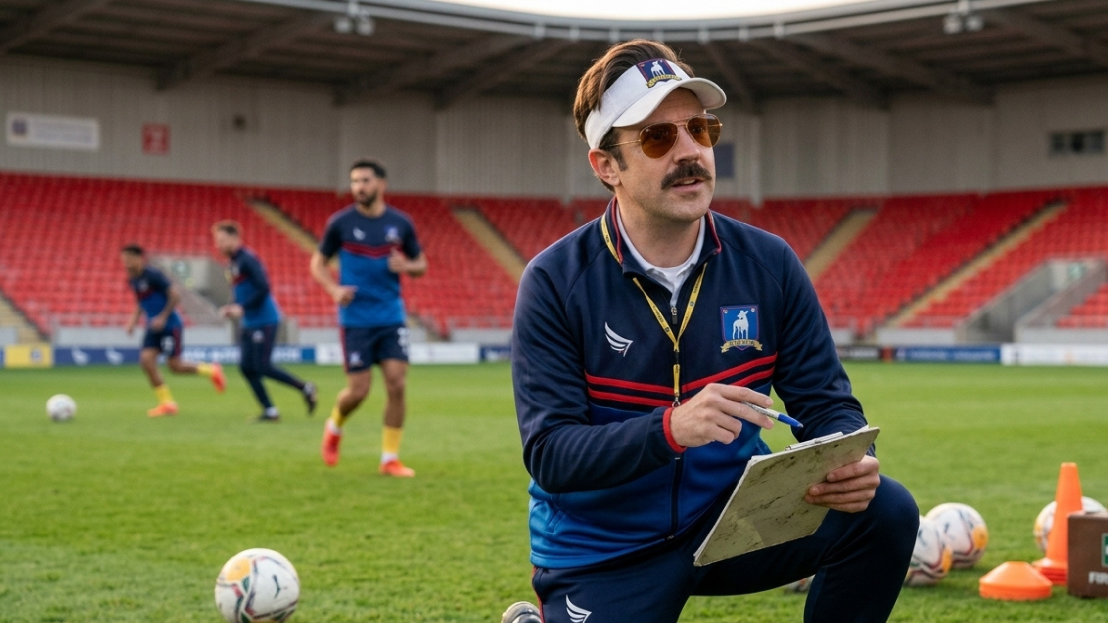 Jason Sudeikis Ted Lasso blue track jacket with red chest accent stripes