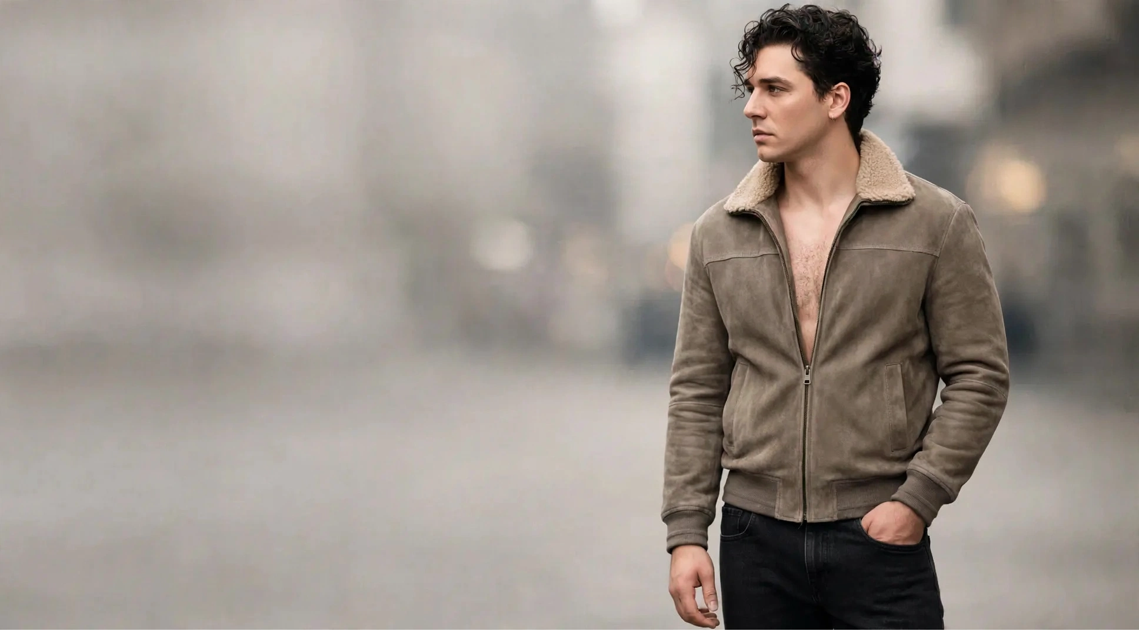 Belmont Cameli V Magazine brown suede shearling collar bomber jacket