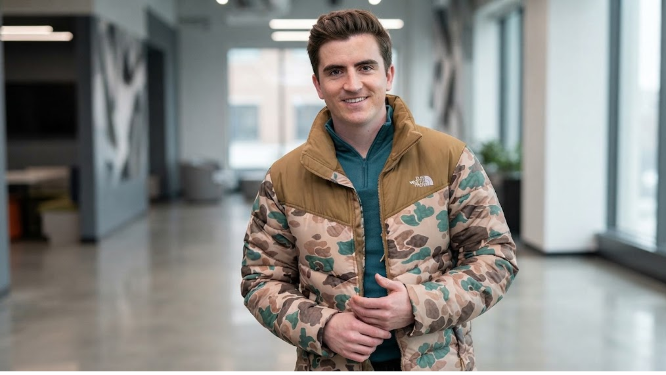 Ted Lasso Billy Harris Camouflage Puffer Jacket in beige, green, and brown