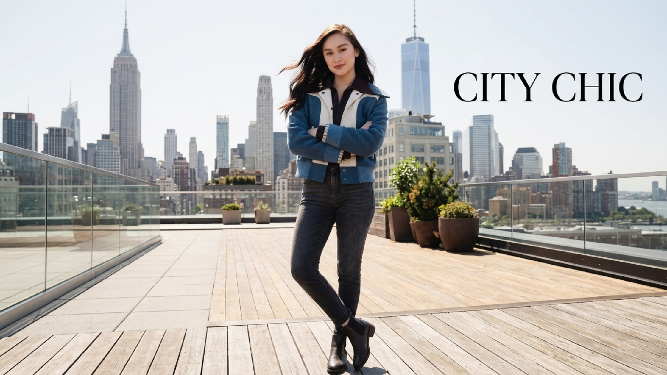 Coach Lola Tung Campaign Varsity Jacket with blue wool and white Western panels