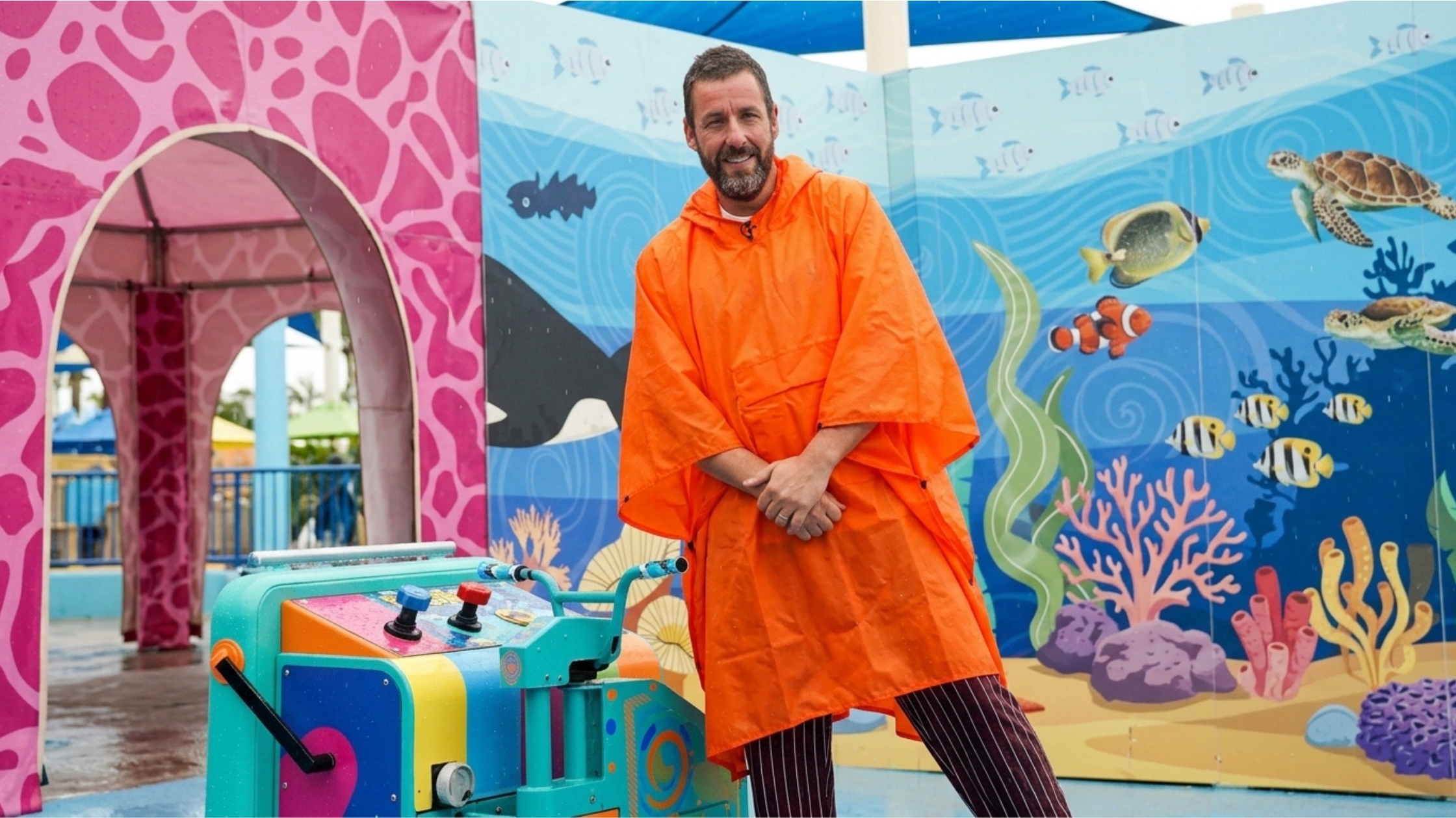 Adam Sandler Grown Ups 3 Set 2026 Safety Orange Rain Cape