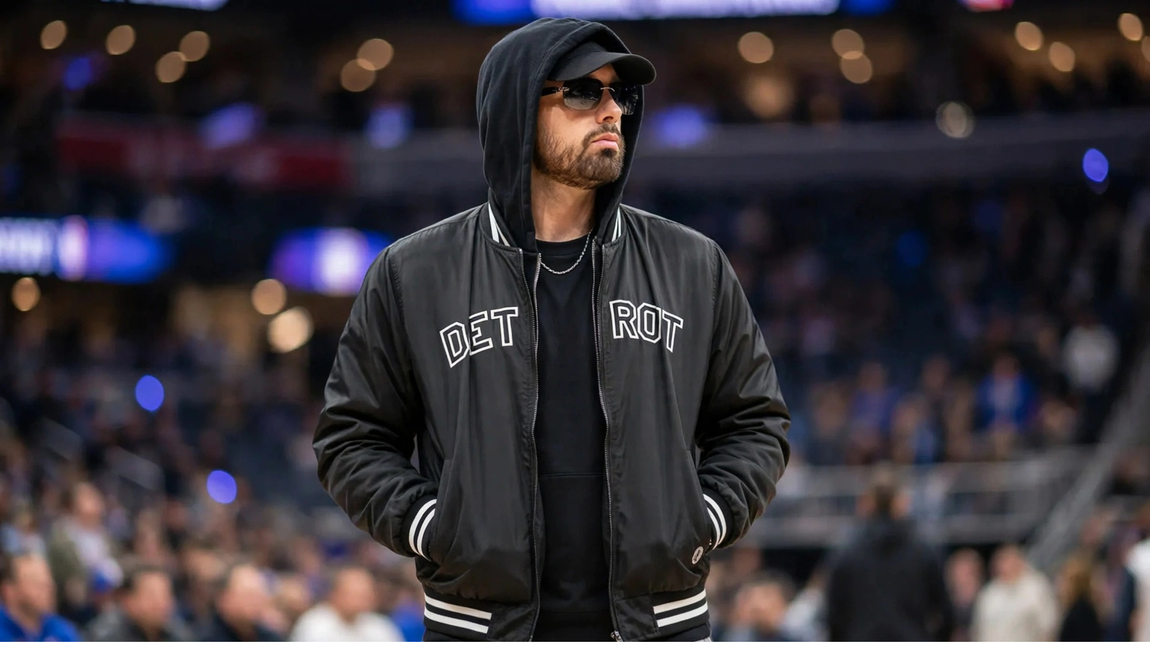 Eminem Detroit Black Bomber Jacket with White Striped Ribbed Trim