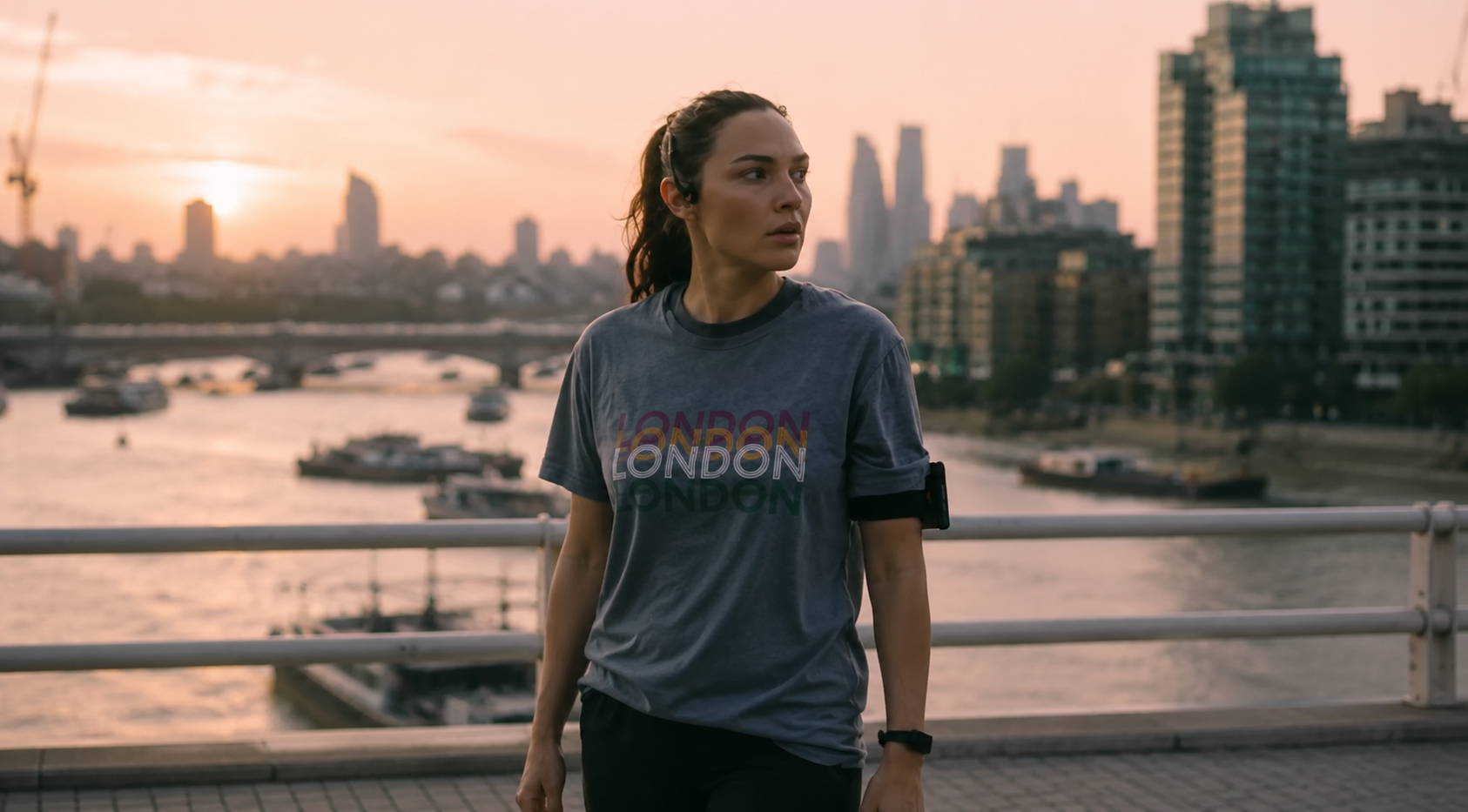 The Runner 2026 Gal Gadot Graphic Print London T-Shirt in vintage washed slate blue