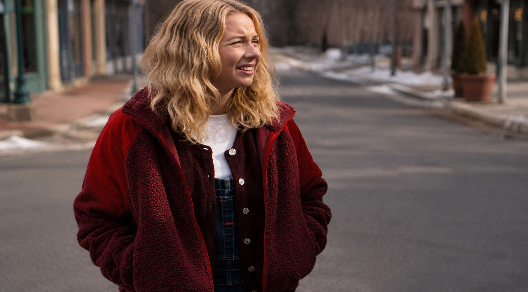 Billie Adults S02 Burgundy Zip Up Jacket styled with layered streetwear outfit