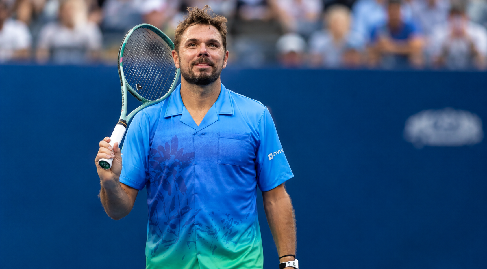 Stan Wawrinka 2026 US Open blue green tropical floral print tennis shirt