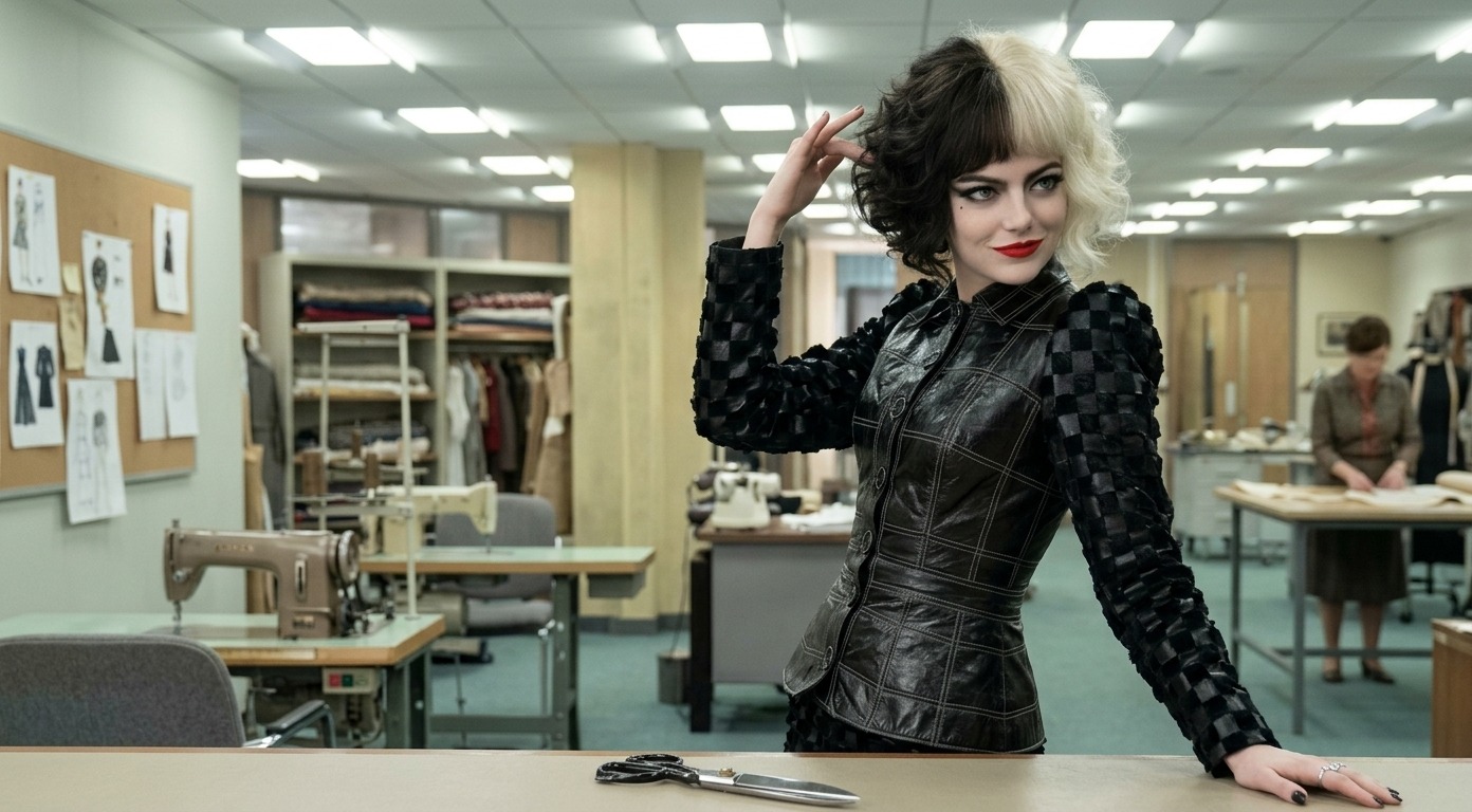 Cruella Emma Stone Black Leather Corset Plaid Checkered Jacket