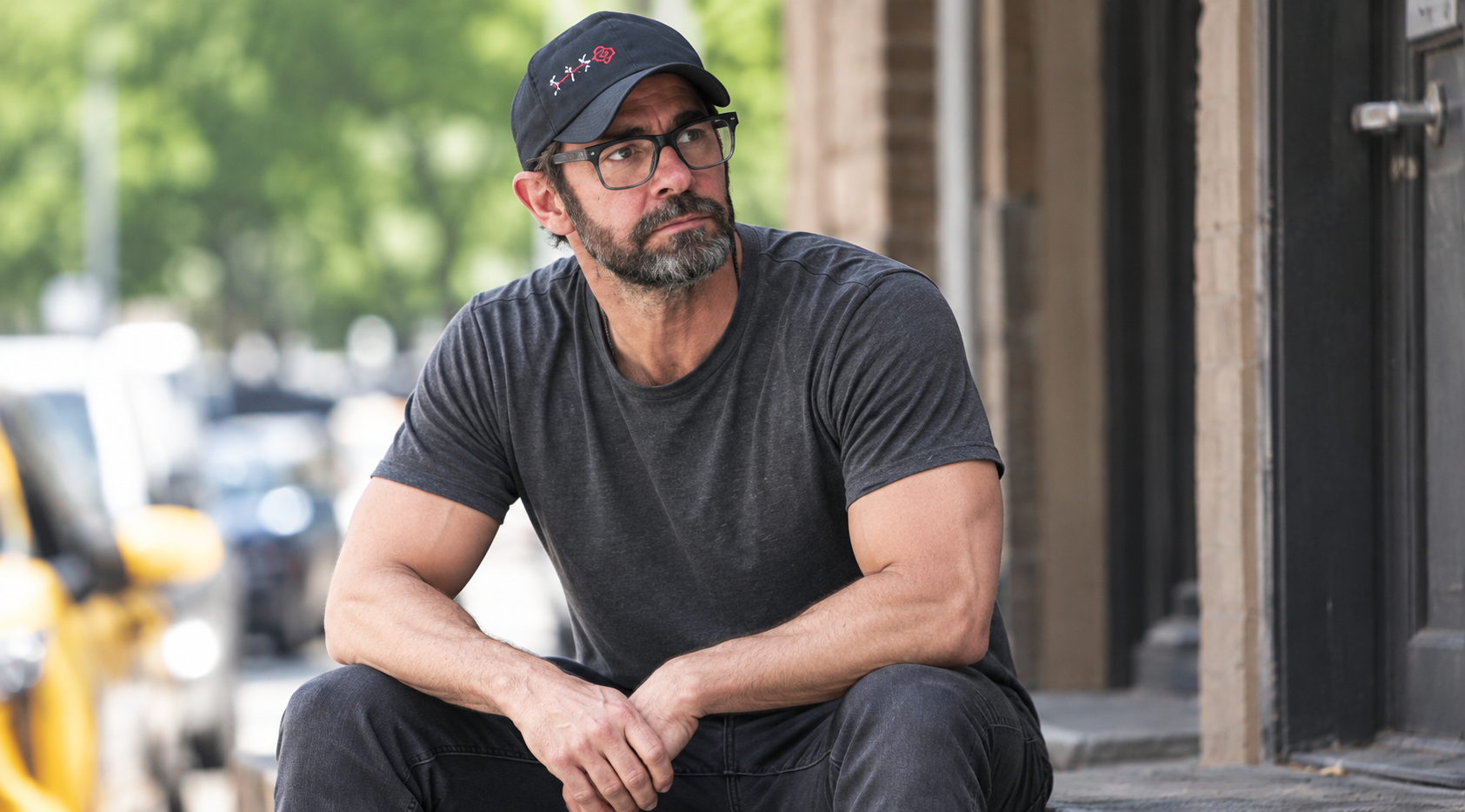 John Krasinski A Quiet Place III NYC 2026 dark gray cotton T-shirt