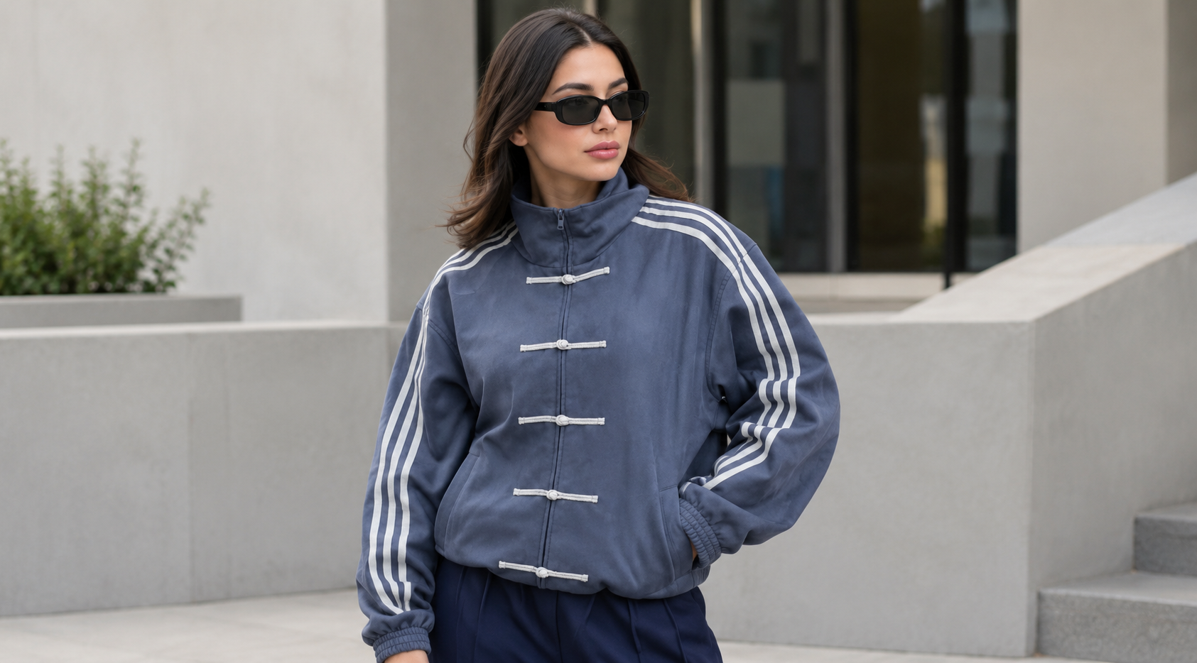 Anne Curtis CNY blue suede leather jacket with silver frog closures and triple stripe sleeves
