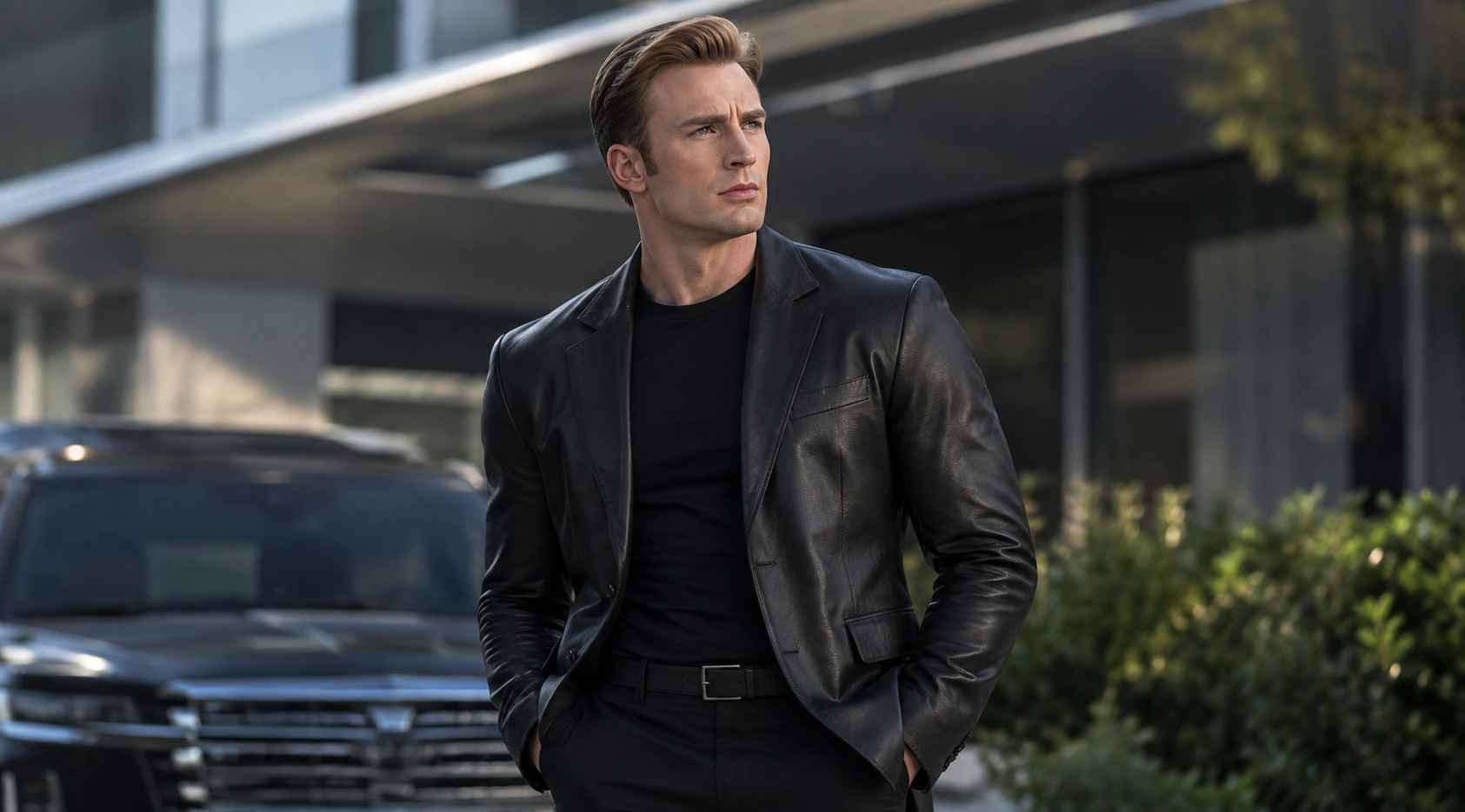 Men’s Real Lambskin Two Button Black Leather Blazer with notched lapel and full lining.