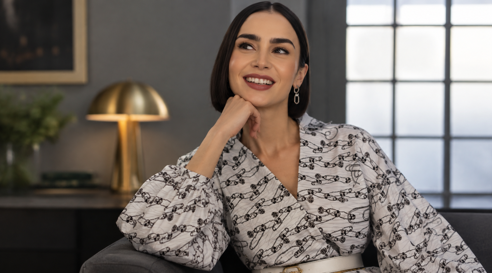 Emily Cooper Safety Pin Print Shirt from Emily in Paris Season 5