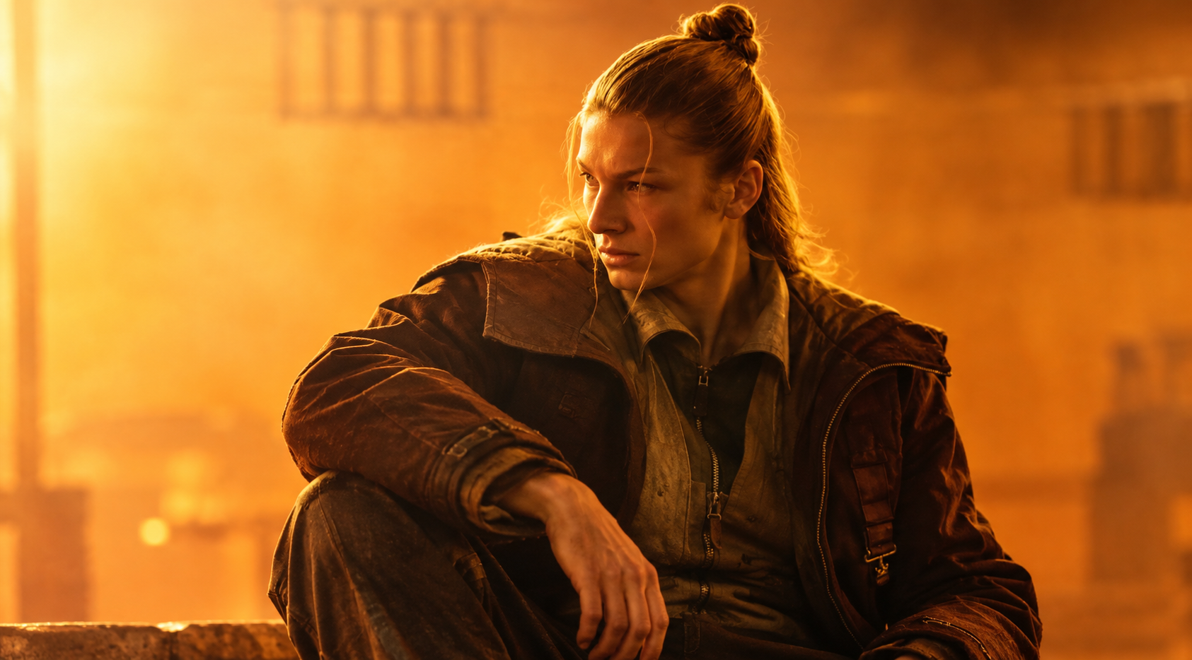 Blade Runner 2099 Hunter Schafer burgundy utility bomber jacket