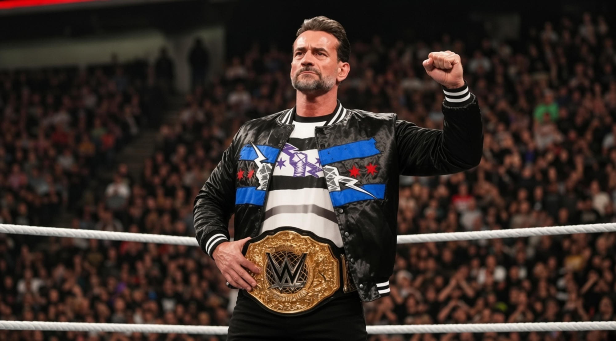 CM Punk Monday Night RAW 2026 Chicago-inspired black satin varsity jacket with crest and lightning bolt back graphic
