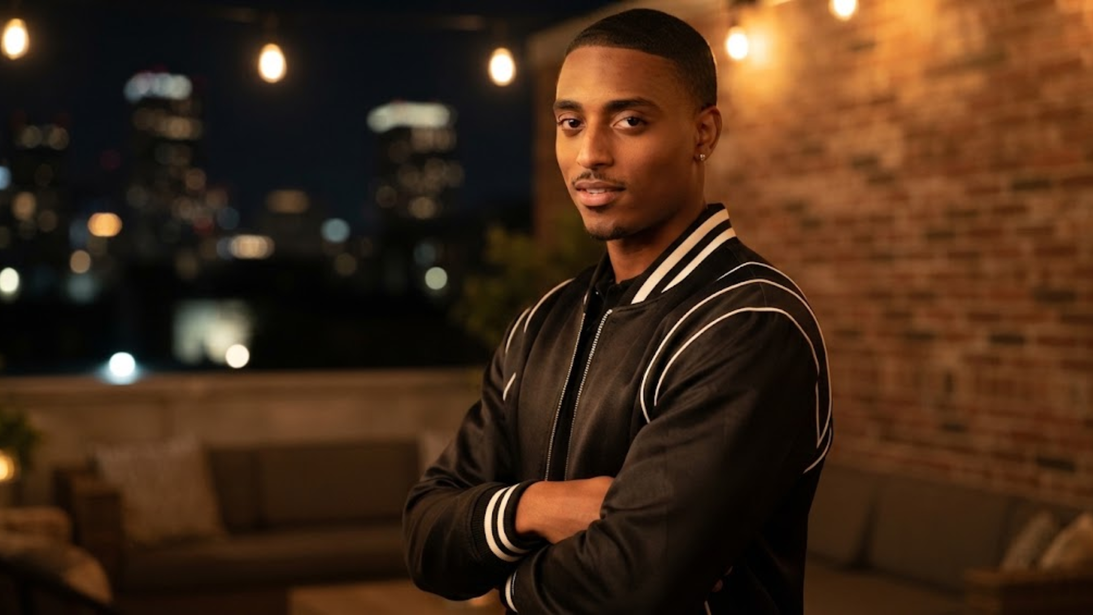 Keith Powers The Gates 2026 Black Bomber Jacket with White Piping