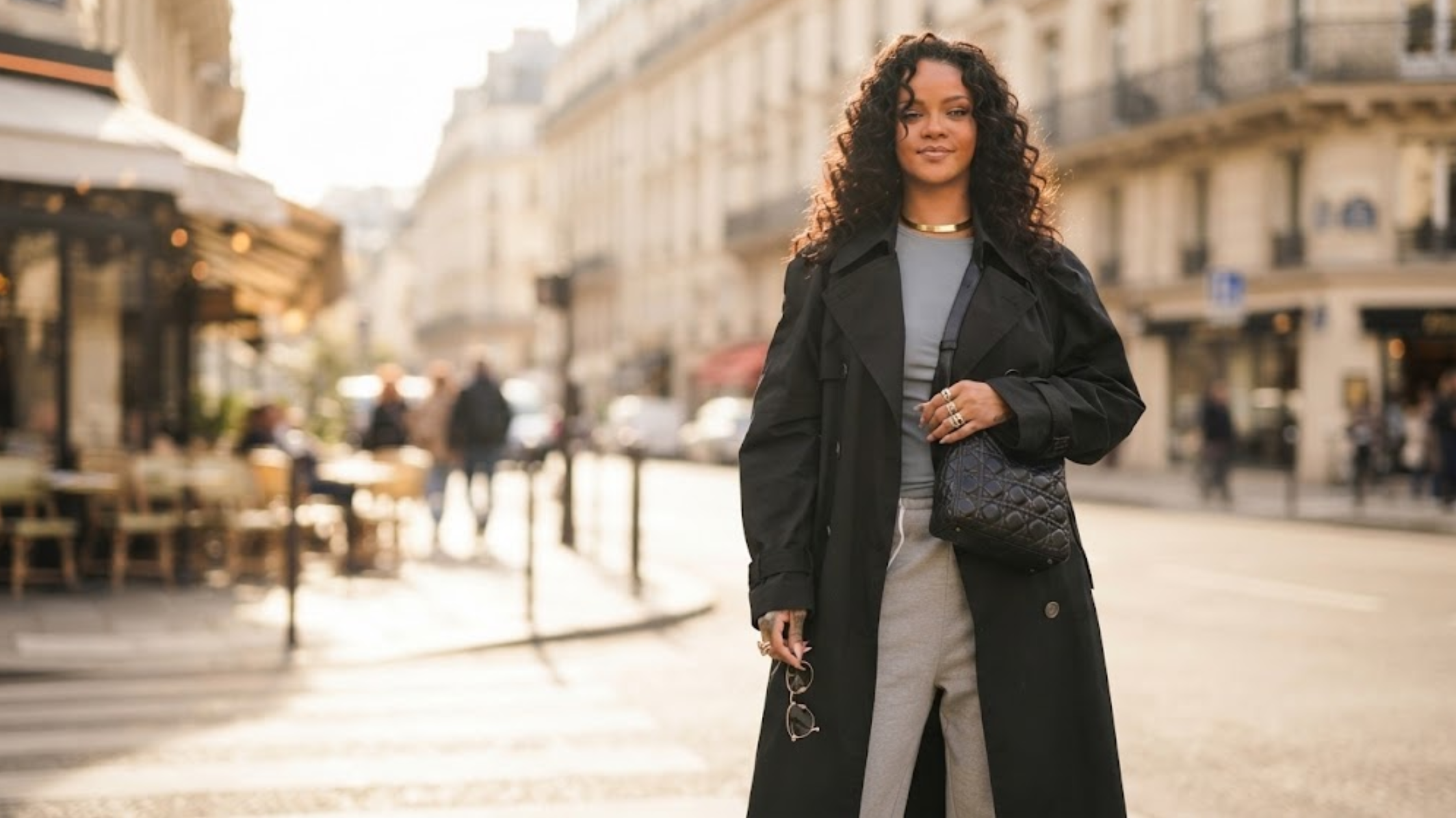 Rihanna César Restaurant Double-Breasted Black Silk Trench Coat