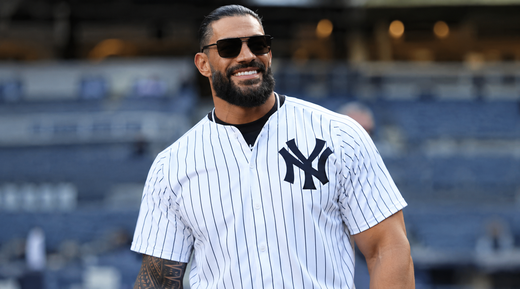 Roman Reigns Los Angeles Dodgers vs New York Yankees white pinstripe baseball jersey