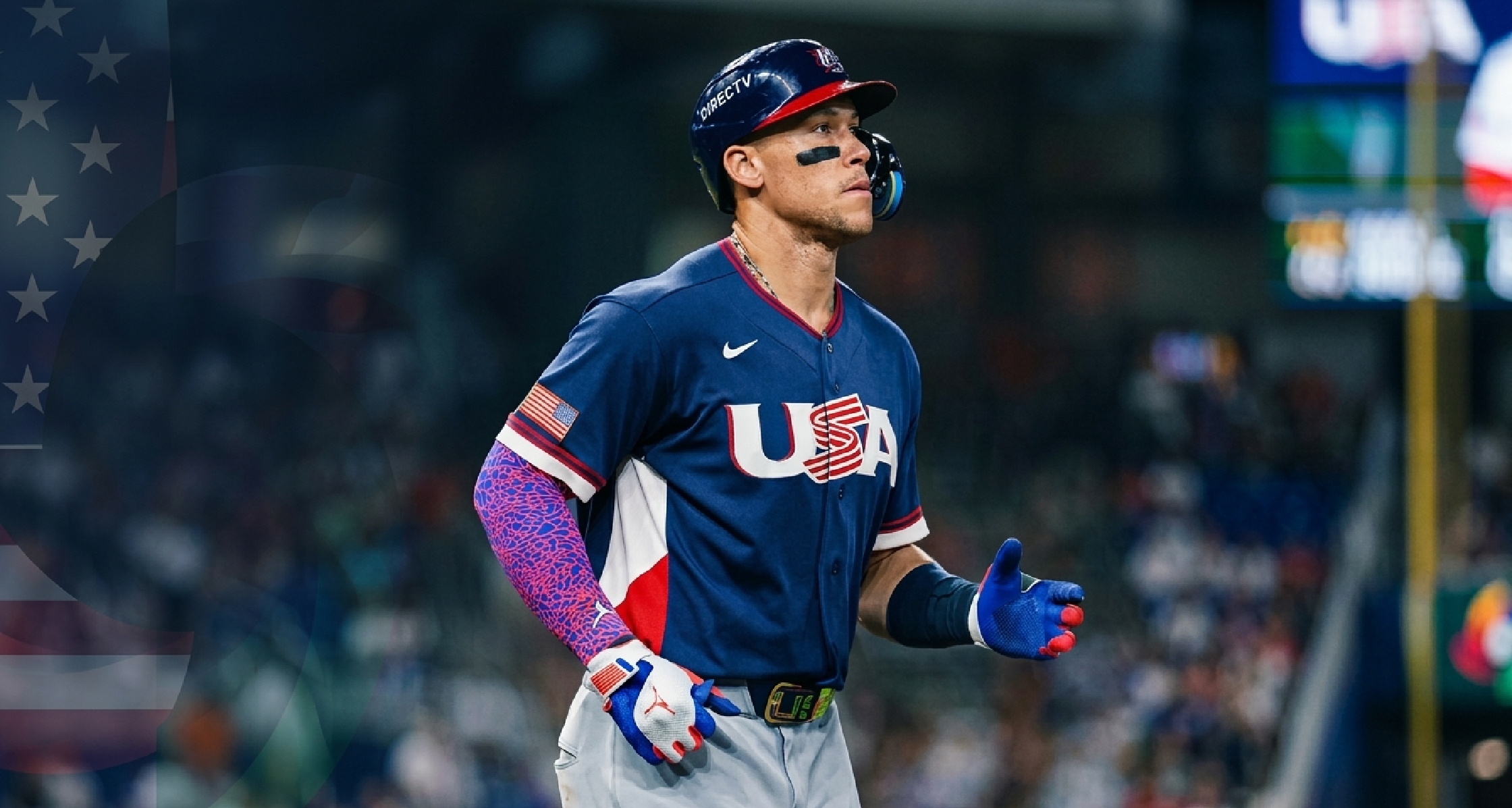 Aaron Judge 2026 World Baseball Classic Team USA navy blue jersey with red white trim and USA chest logo