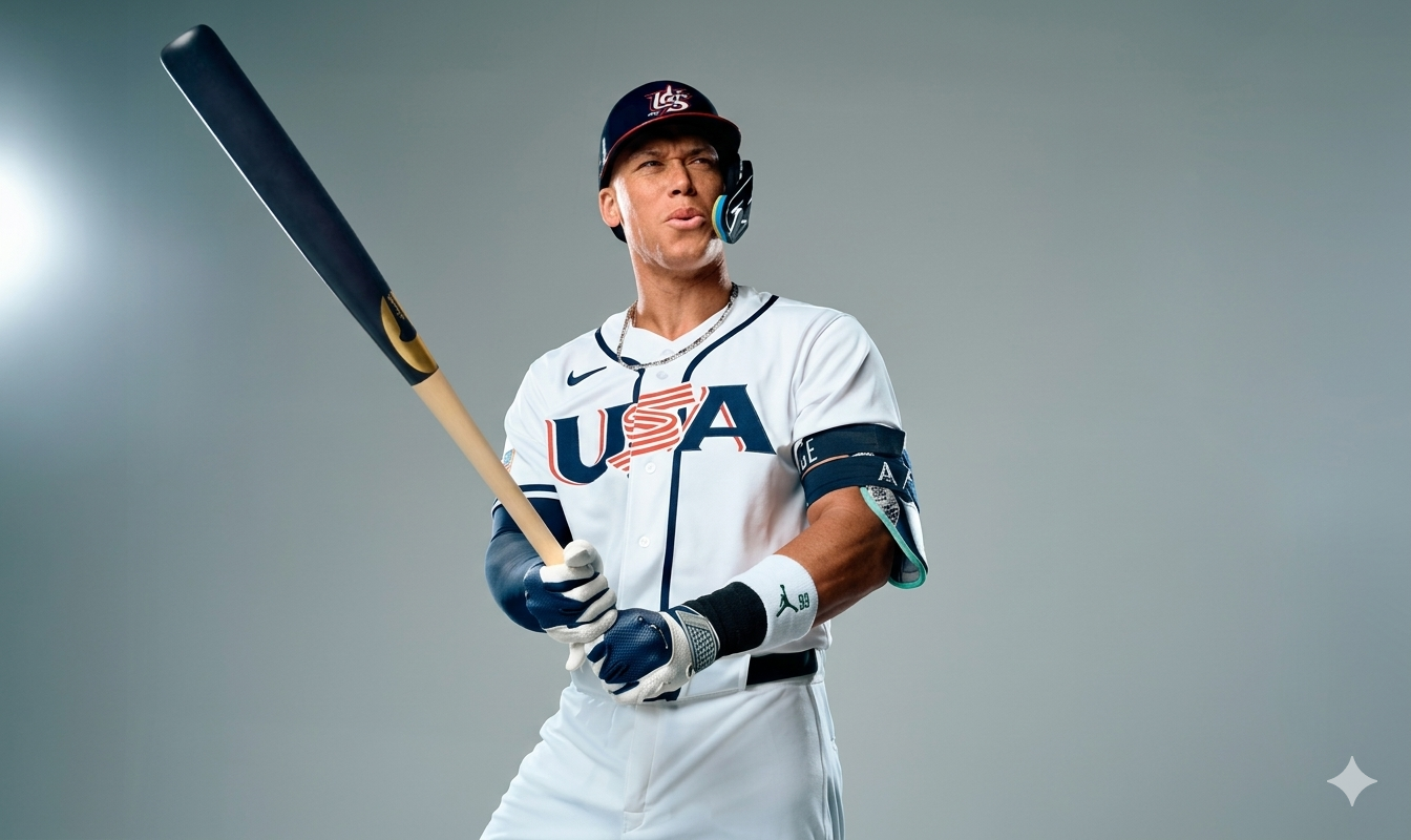 Aaron Judge 2026 Team USA jersey with navy and red chest graphics, V-neck button front, and elephant-print sleeve