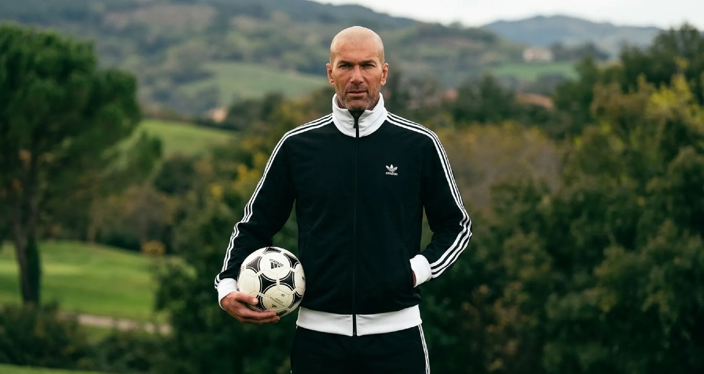 Adidas Beckenbauer Classics Black Track Jacket with white stripes and Trefoil logo, retro football style inspired by Zinedine Zidane
