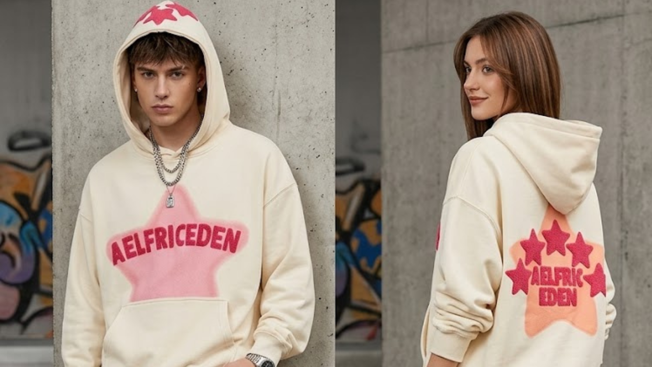 Aelfric Eden Star Hoodie in off-white with bold pink star graphics and puff-print details